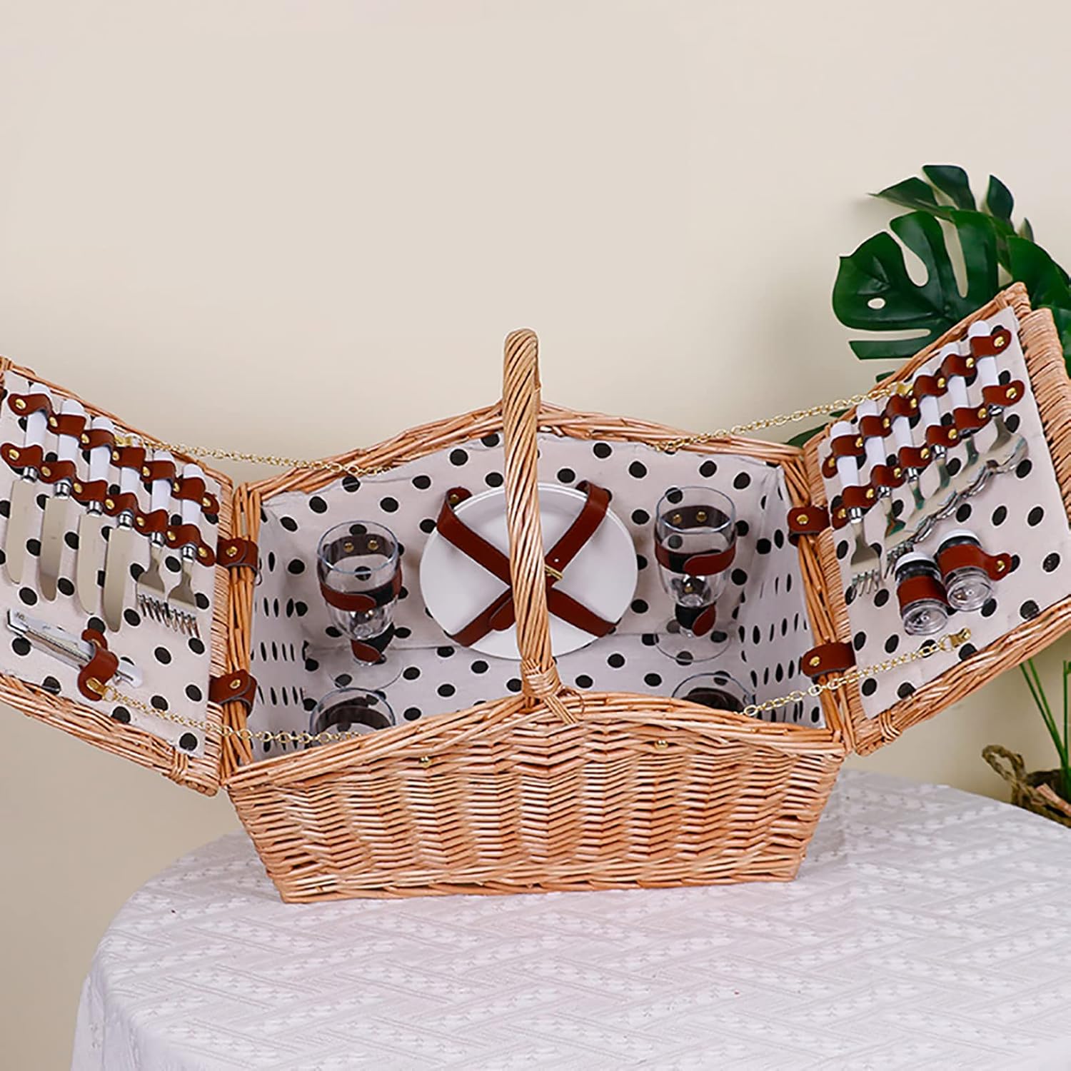 Willow Picnic Basket Set for 4 Persons,Double Lidded Picnic Basket,Wicker Shopping Basket Picnicr with Tableware Set,Utensils for Outdoor Living,Camping,Picnic Gift Basket