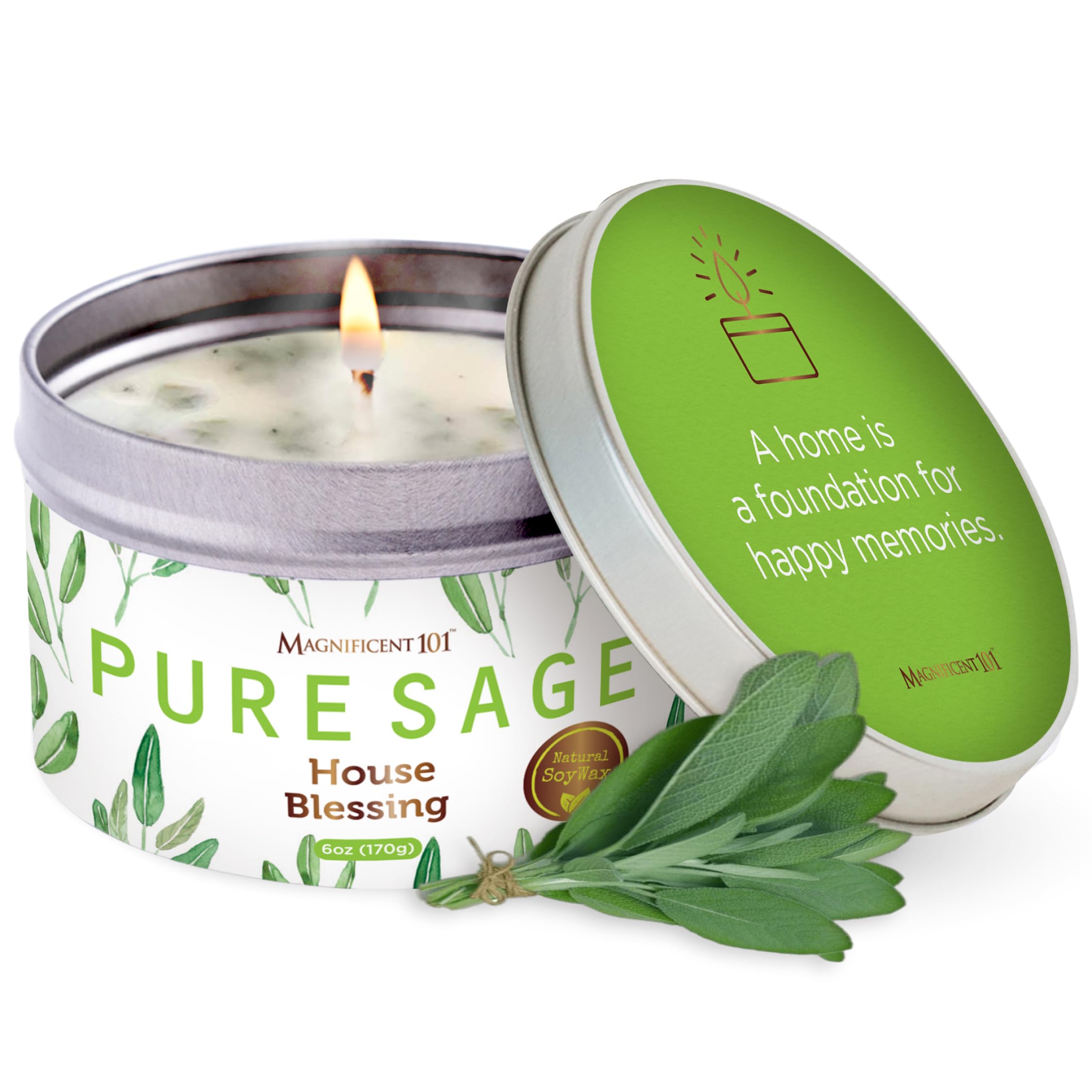 Magnificent 101 Long-Lasting Pure Sage Smudge Candle | 6 Oz - 35-Hour Burn | Essential Oils, 100% Natural Ingredients | Smoke Free, Petroleum Free Candle to Cleanse Your Home