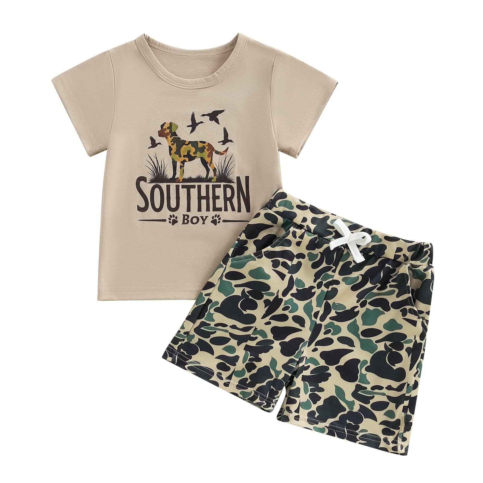 Baby Boy Summer Clothes Set Toddler Letter Animal Print T-shirts Camo Shorts 2 Piece Little Southern Boy Outfit (Khaki, 3-4T)