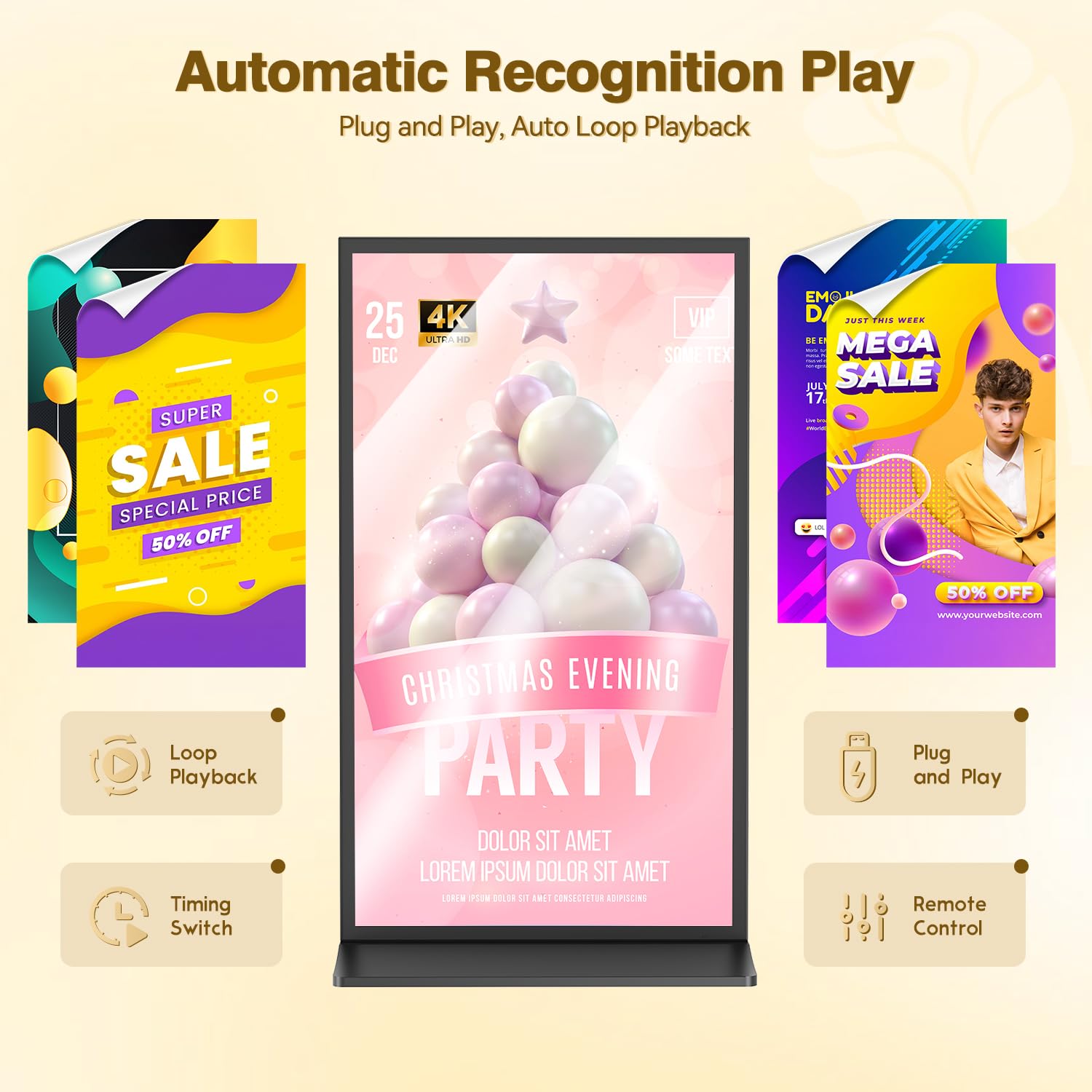 Display per Segnaletica Digitale da 75 Pollici, 4K UHD, Android, Wi-Fi, Schermo Diviso e Gestione Remota CMS, Totem Pubblicitario per Interni e Negozi