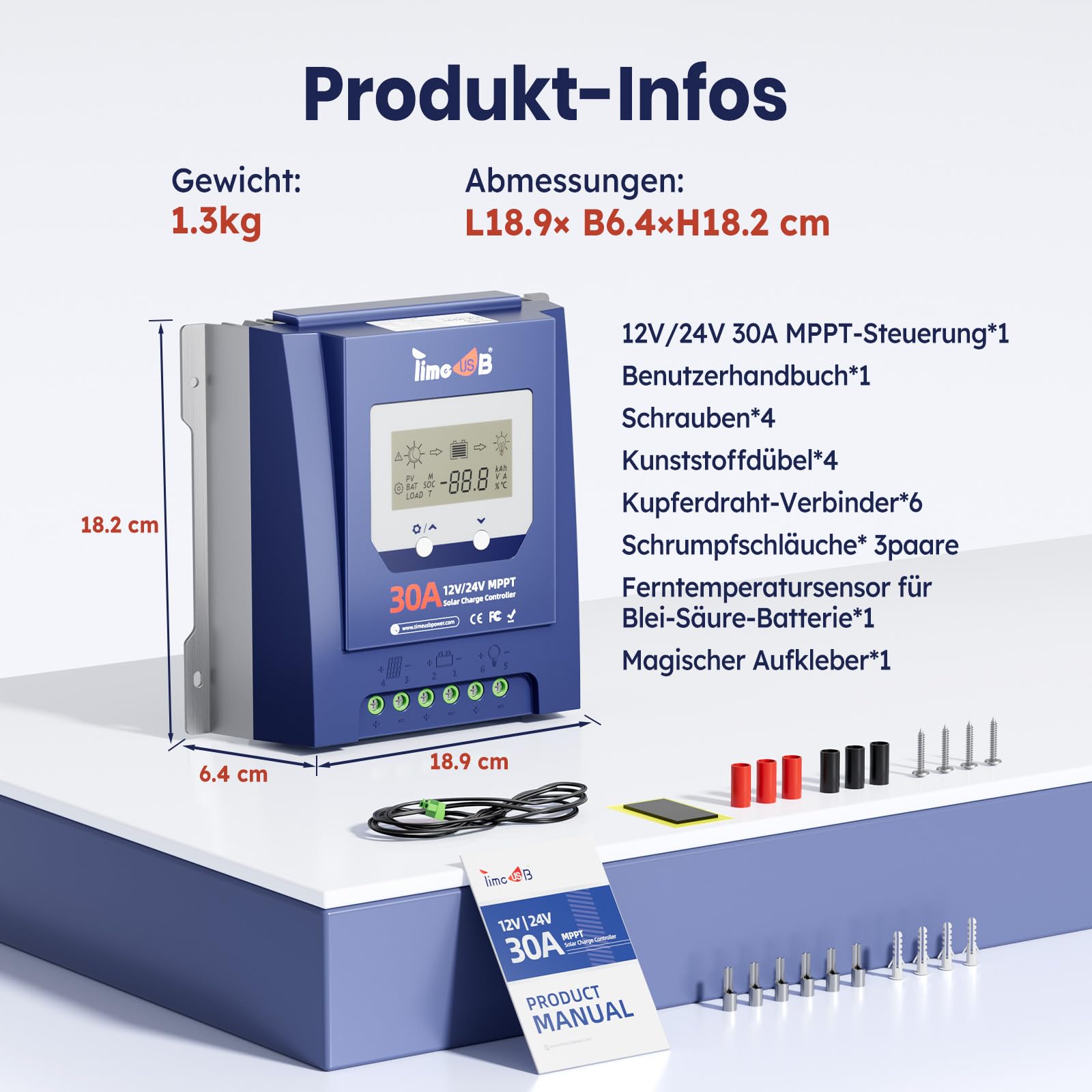 Timeusb 12V/24V 30A MPPT Solarladeregler für Lithium Blei-Säure Batterien | Max. 50V PV-Eingang,Automatische Erkennung & 99% Effizienz,Intelligenter Solar Regler mit LCD-Bildschirm für Wohnmobil
