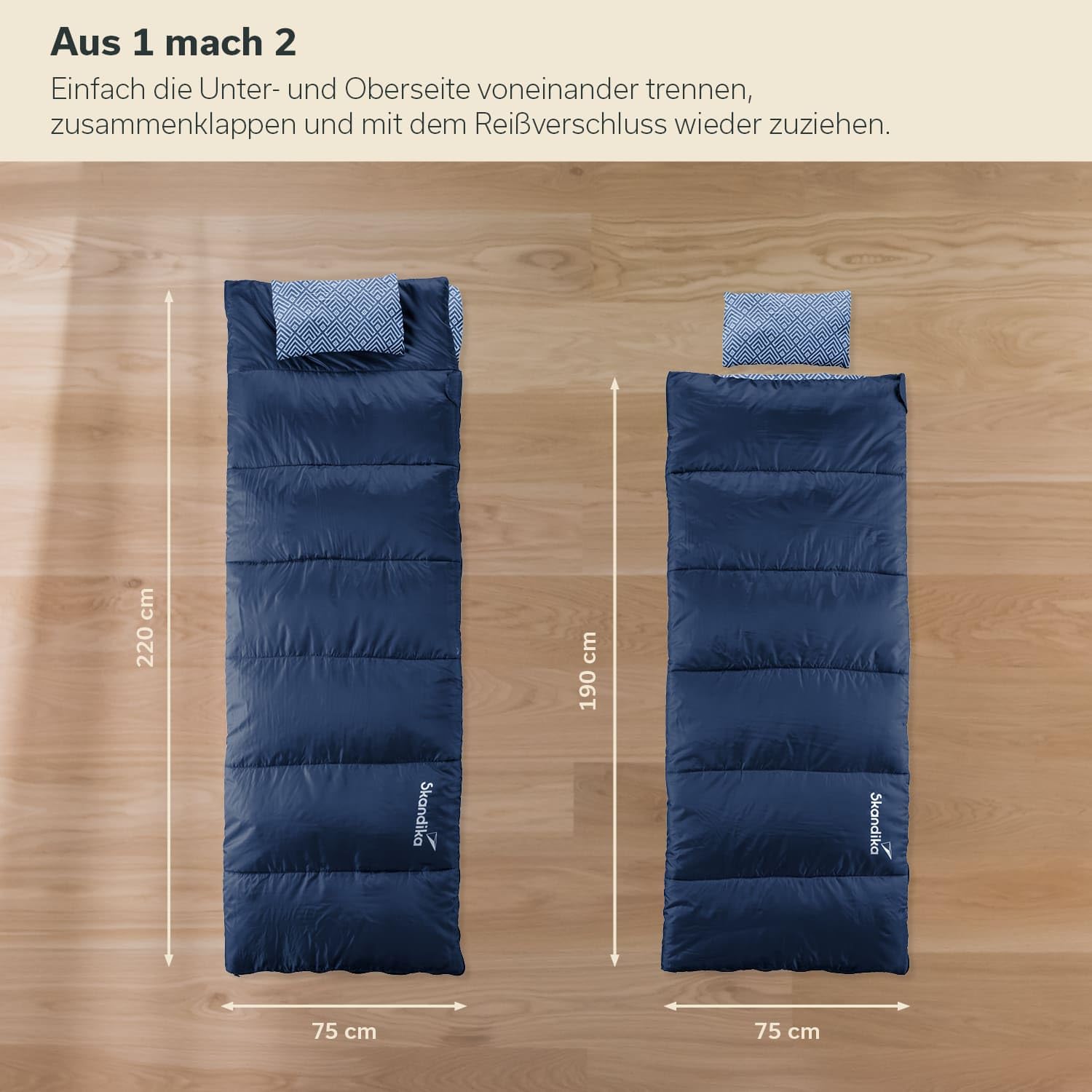 Skandika Doppelschlafsack Iceland Double | Schlafsack 2 Personen 3 Jahreszeiten, mit/ohne Flanell, Baumwolle, Kissen, 220 x 150 cm, als Einzelschlafsack nutzbar | Deckenschlafsack Familienschlafsack