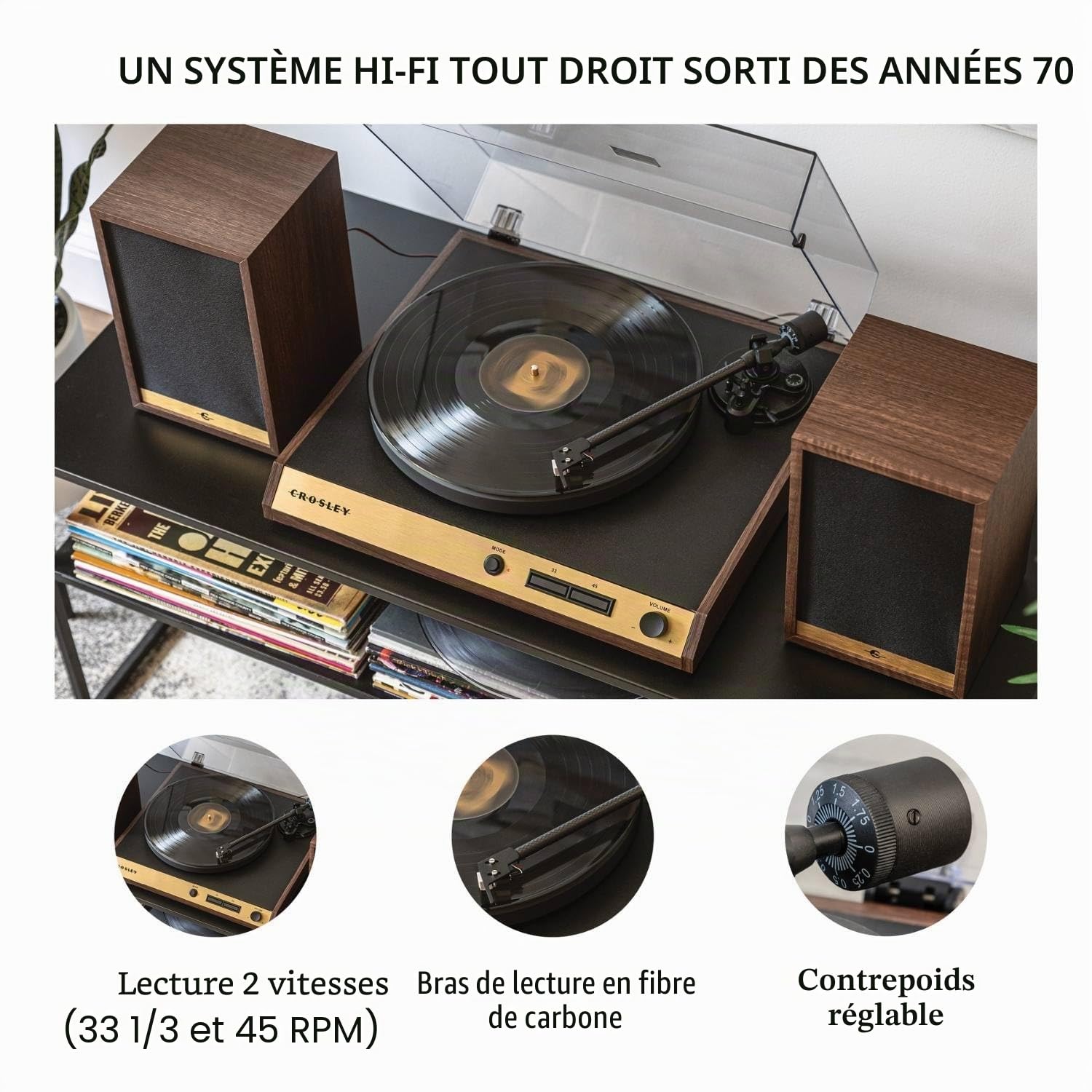 Crosley C72 Tourne-Disque avec Haut-parleurs – Tourne-Disque Bluetooth avec Haut-parleurs d'étagère de 60 W, Lecteur Vinyle Facile à Installer avec Couvercle Anti-poussière, système d'étagère,