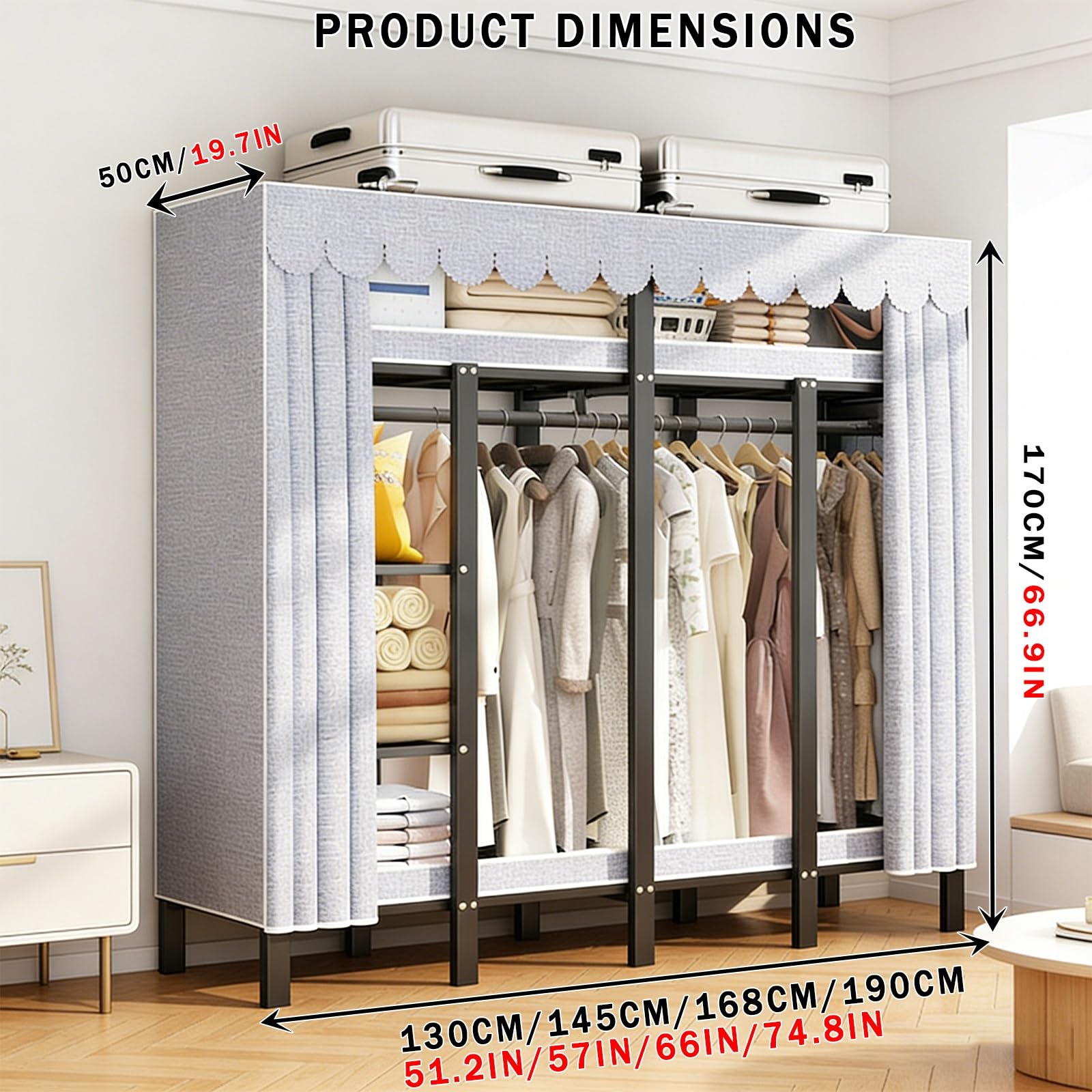 Zusammenklappbarer Kleiderschrank,Faltschrank Zum Aufhängen Von Kleidung,Tragbarer Stoffschrank Aus Metall,Einfach Stoff-Kleiderschrank,Große Faltschrank Für Schlafzimmer(145cm/57in)