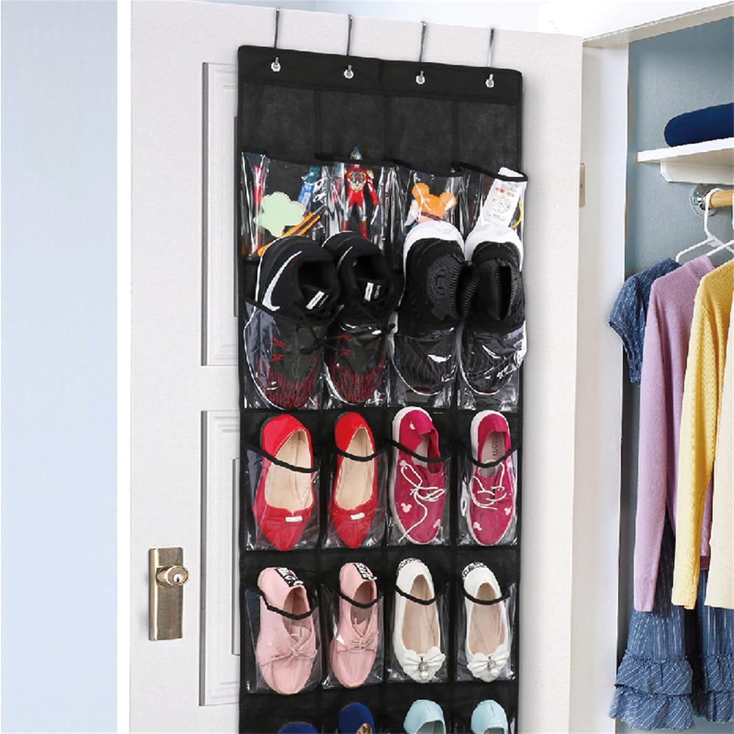 24 Pockets Over Door Shoe Organizer Hanging Shoe Holder Back Of The Door Organiser Tidy Hanging Shoe Storage Organiser Foldable Transparent Shoe Hanger(Black), 162x49cm