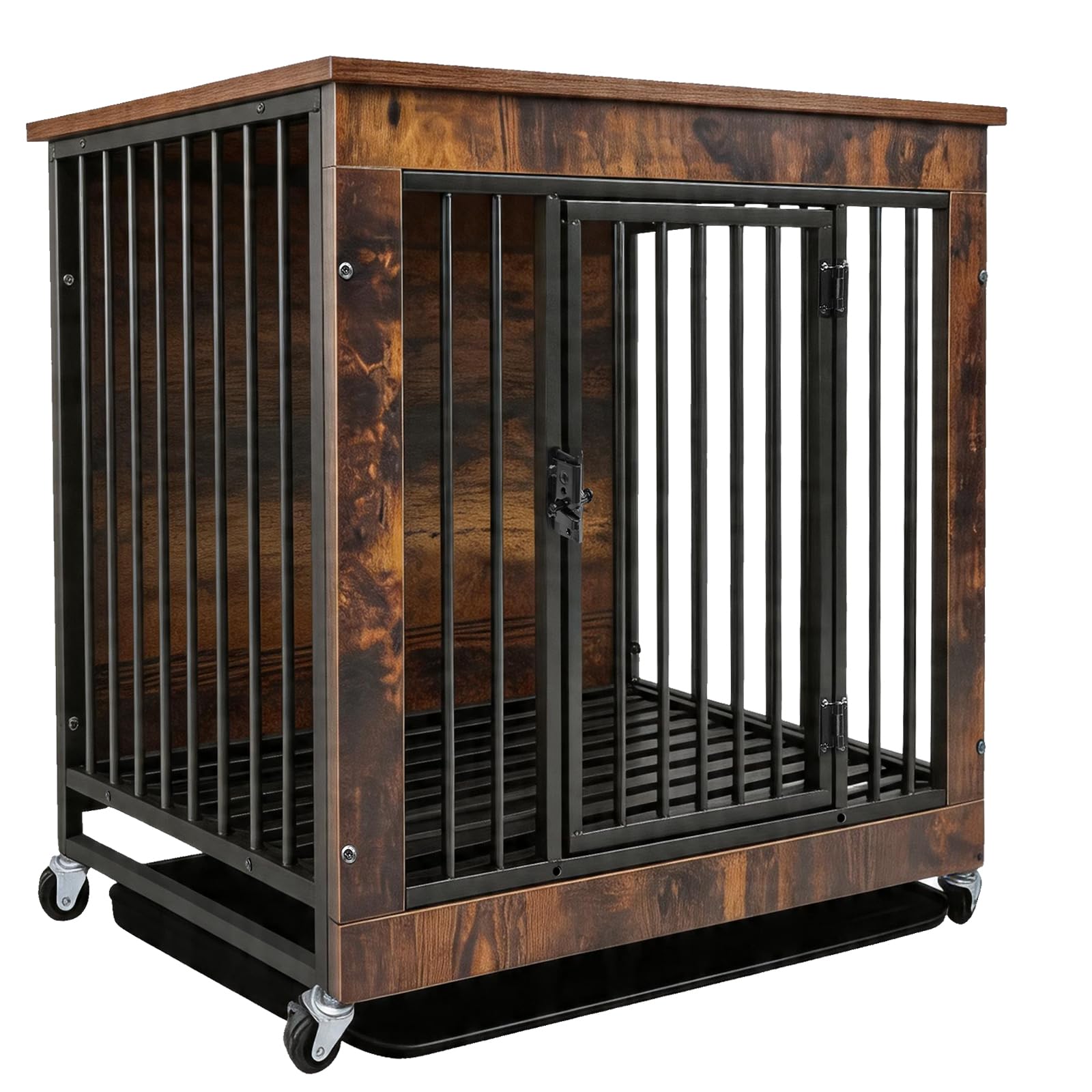 XJADQW 80cm Dog Crate Furniture, Heavy Duty Wooden Dog Kennel with Wheels and Pull-Out Tray, Furniture Style Dog Cage End Table for Medium Small Dogs, Rustic Brown, 80 x 52 x 77 cm