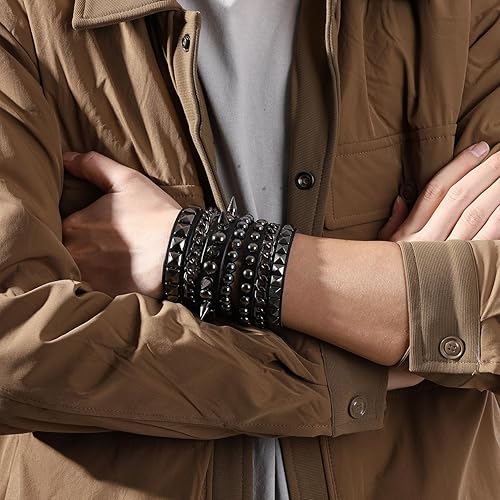 Miniatura 8 de Eigso Pulseras de cuero punk rock para hombres y mujeres, estilo retro, vintage, cadena de los años 80, para hombre y mujer