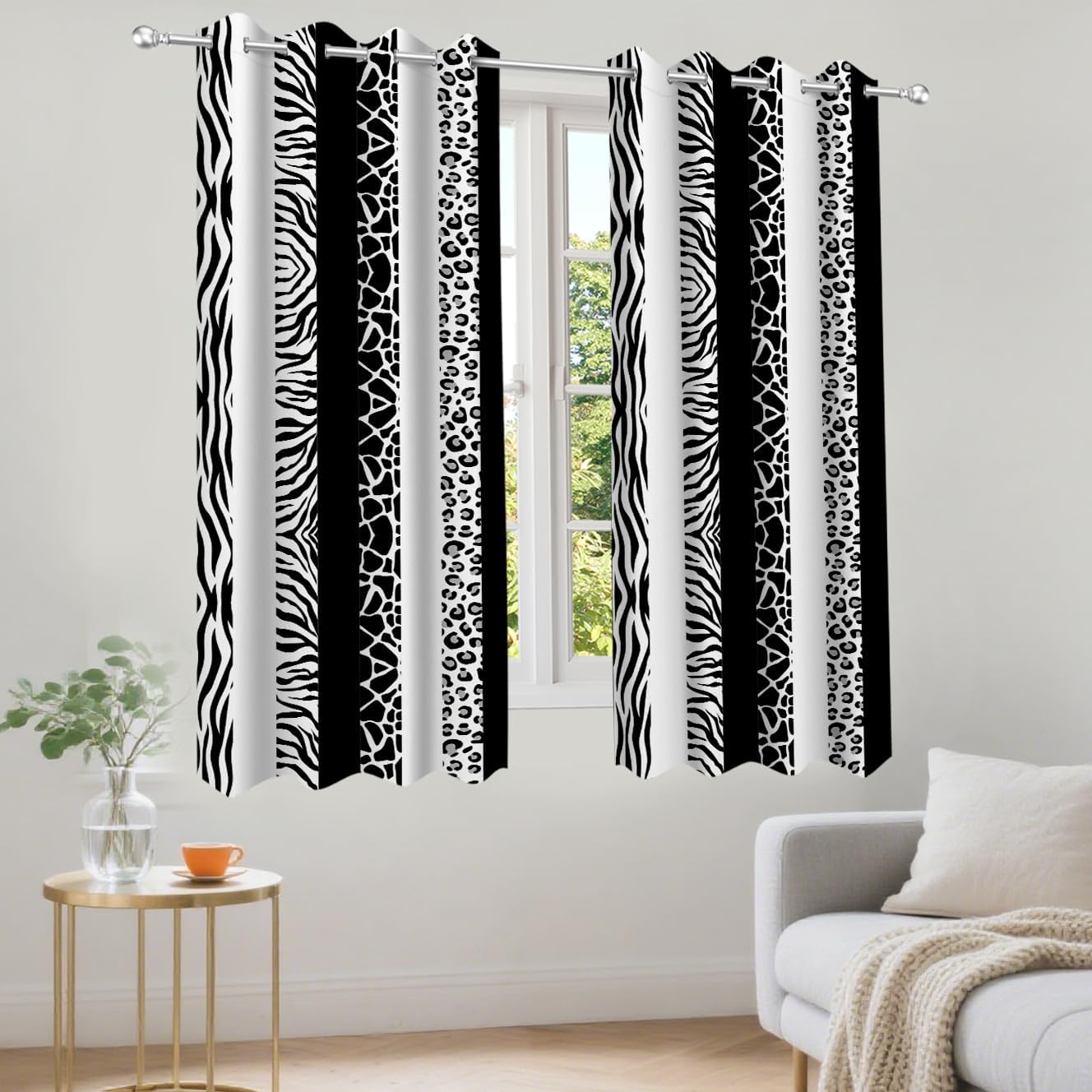 Animal Print Curtains Black and White Cheetah Zebra Giraffe Leopard Print Striped Blackout Curtain for Bedroom Living Room Grommet Window Drapes 2 Panels, 52x63 Inch