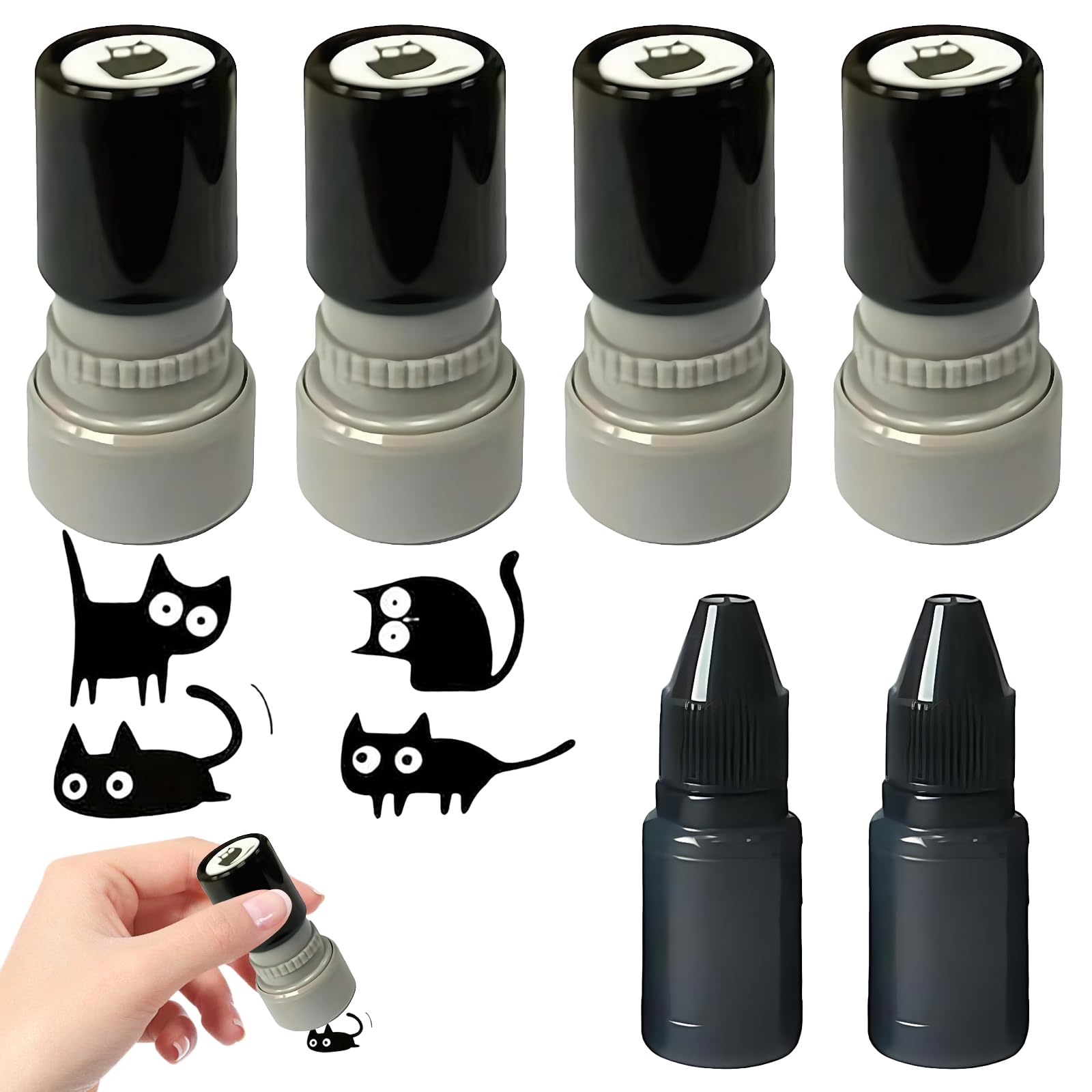 4PCS Cat Pattern Stamp with 2 Bottles of Black Ink, Reusable Cute Black Cat Stamps Self Inking, for Cards, Letters, Journals