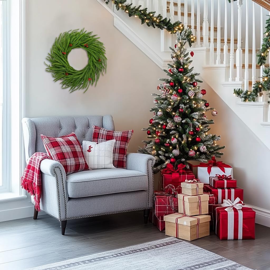 Hollyone 16" Real Touch Norfolk Pine Wreath for Front Door Small Artificial Winter Pine Plant with Red Berry Pinecone Greenery Christmas Wreath Window Walls Xmas Decor Indoor Outdoor Home Decoration - Image 6