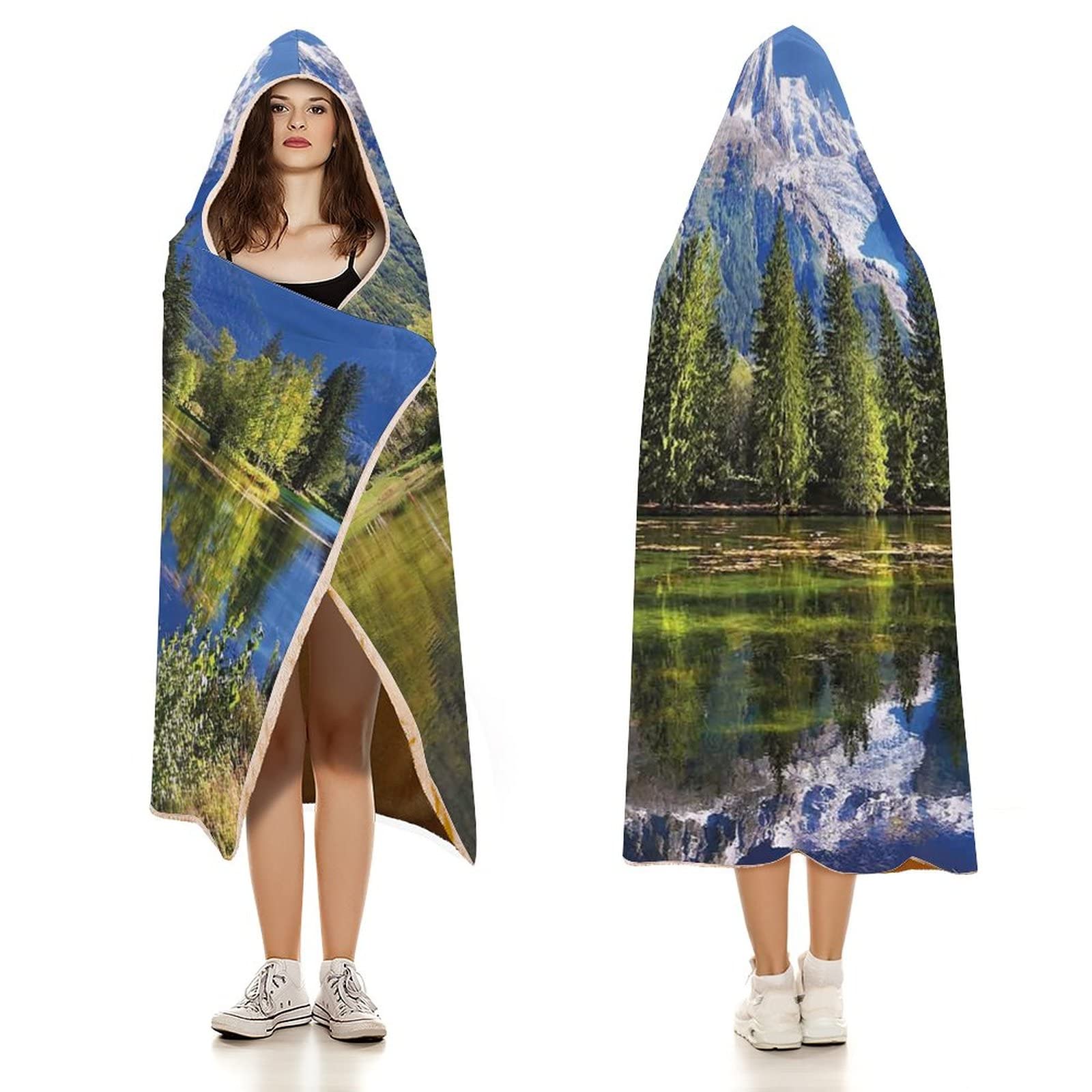 Tragbare Outdoor-Decke mit schneebedeckten Bergen und immergrünen Fichten, die Sich im See spiegeln, weich, warm und kuschelig, 152 x 203 cm, geeignet für Kinder, Jugendliche, Frauen und Männer, bla