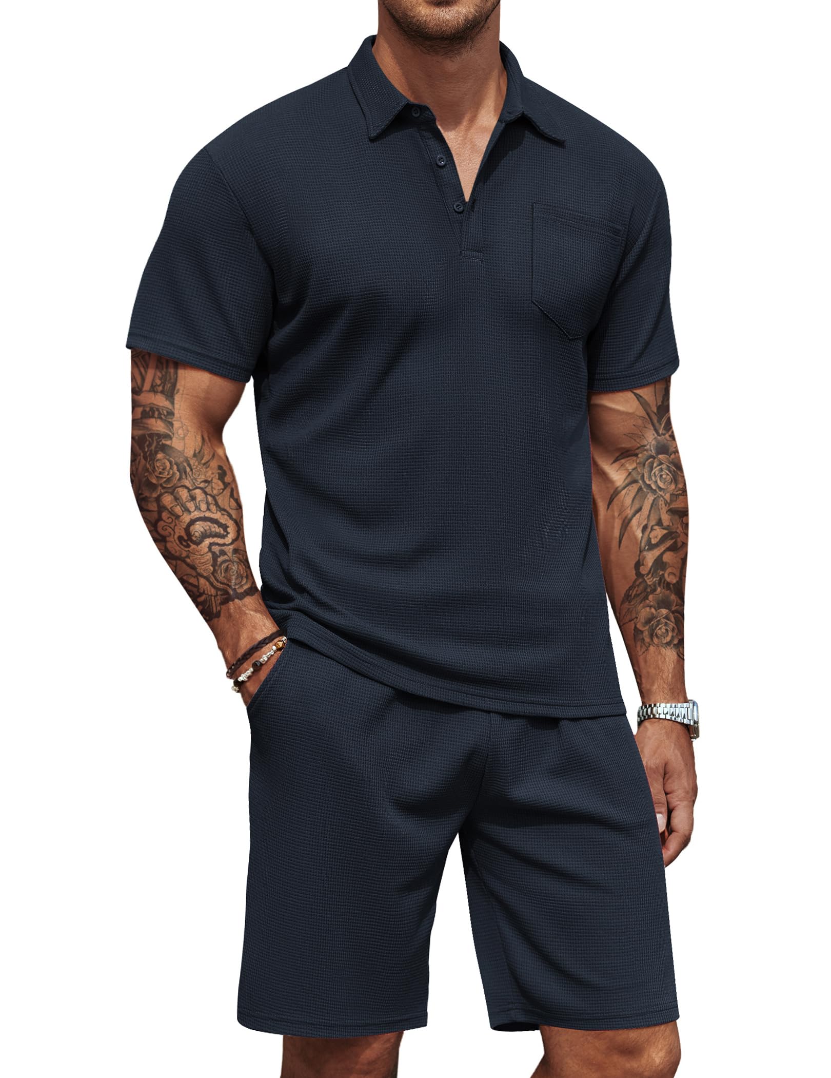 COOFANDY Set da uomo composto da polo e pantaloncini, 2 pezzi, estivo, casual, con tasche