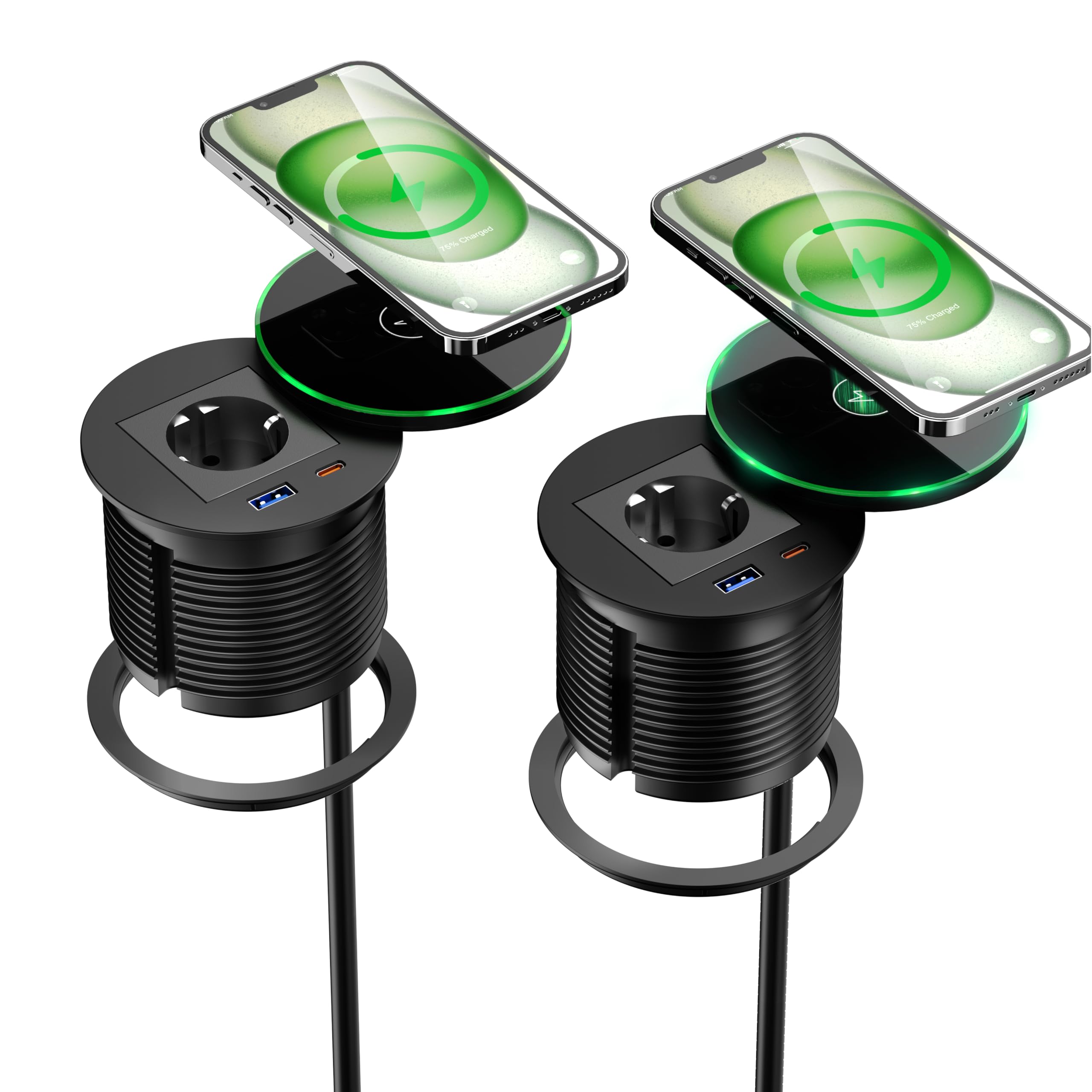 Listwa zasilająca do zabudowy, z USB C PD, 30 W i 15 W, bezprzewodowe ładowanie, gniazdo wtykowe z USB i pokrywą, chowane gniazdko z USB do blatu roboczego, kabel 2 m, kolor czarny