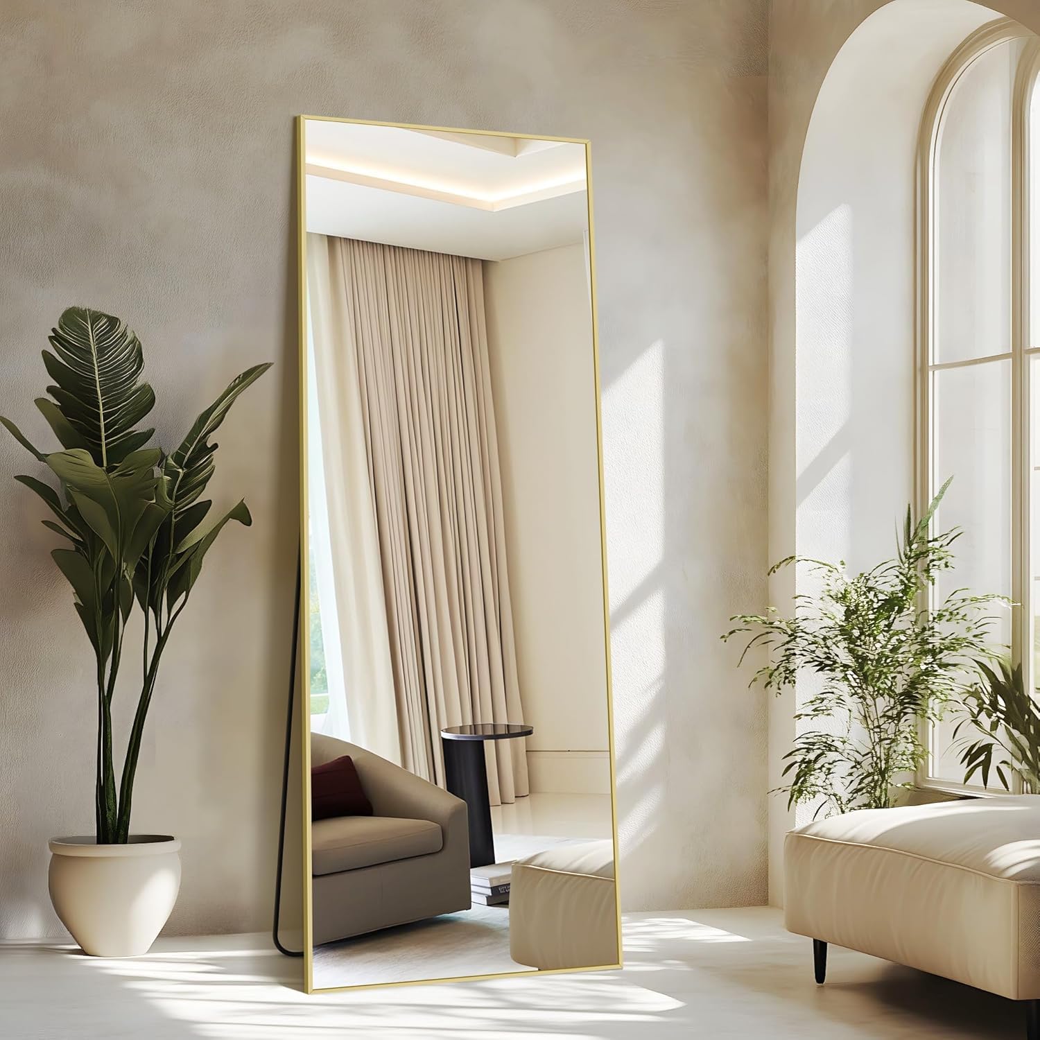 Specchio da Terra, 161 x 52 cm Specchio Rettangolare con Cornice in Alluminio Oro per Bagno, Camera da Letto, Ingresso e Corridoio