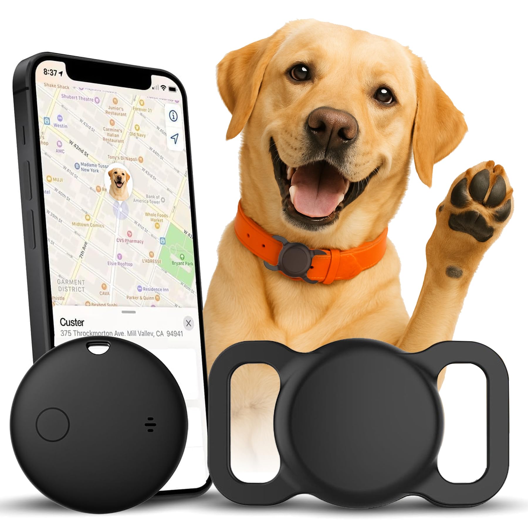Dog Tracker with Holder – Real Time Pet Tracker Works with Find My (iOS Only), No Monthly Fees, MFi Certified, Dog & Cat Collar Tracking Device for Location – Not GPS