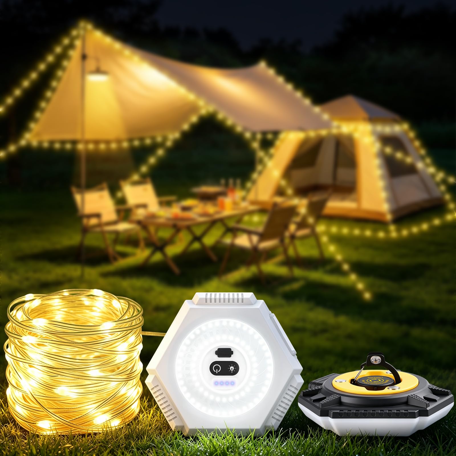 Gaeep Black And White Camping String Lights, 10M Retractable Fairy Lights With 7 Lighting Modes, Usb Rechargeable 2-In-1 Camping Lantern And String Lights, Waterproof Tent Lights For Camping, Garden, Party