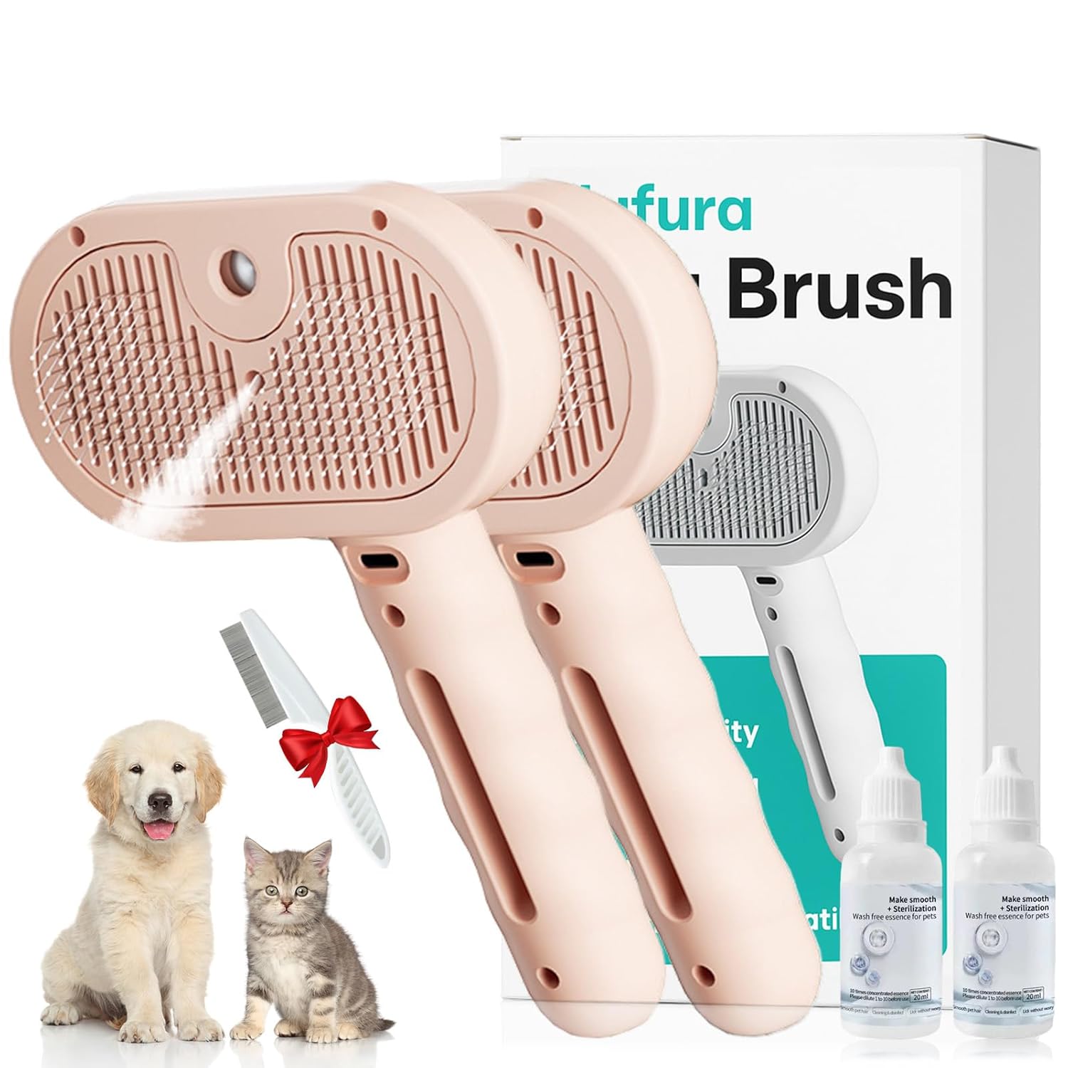 Dog Brush, 2025 Upgraded Steam Brush for Dogs, 3-in-1 Pet Grooming Brushes with Mist Spray, Dog Brush for Short & Long Haired Dogs, for Shedding, for All Coat Types (Pink,2PCS)