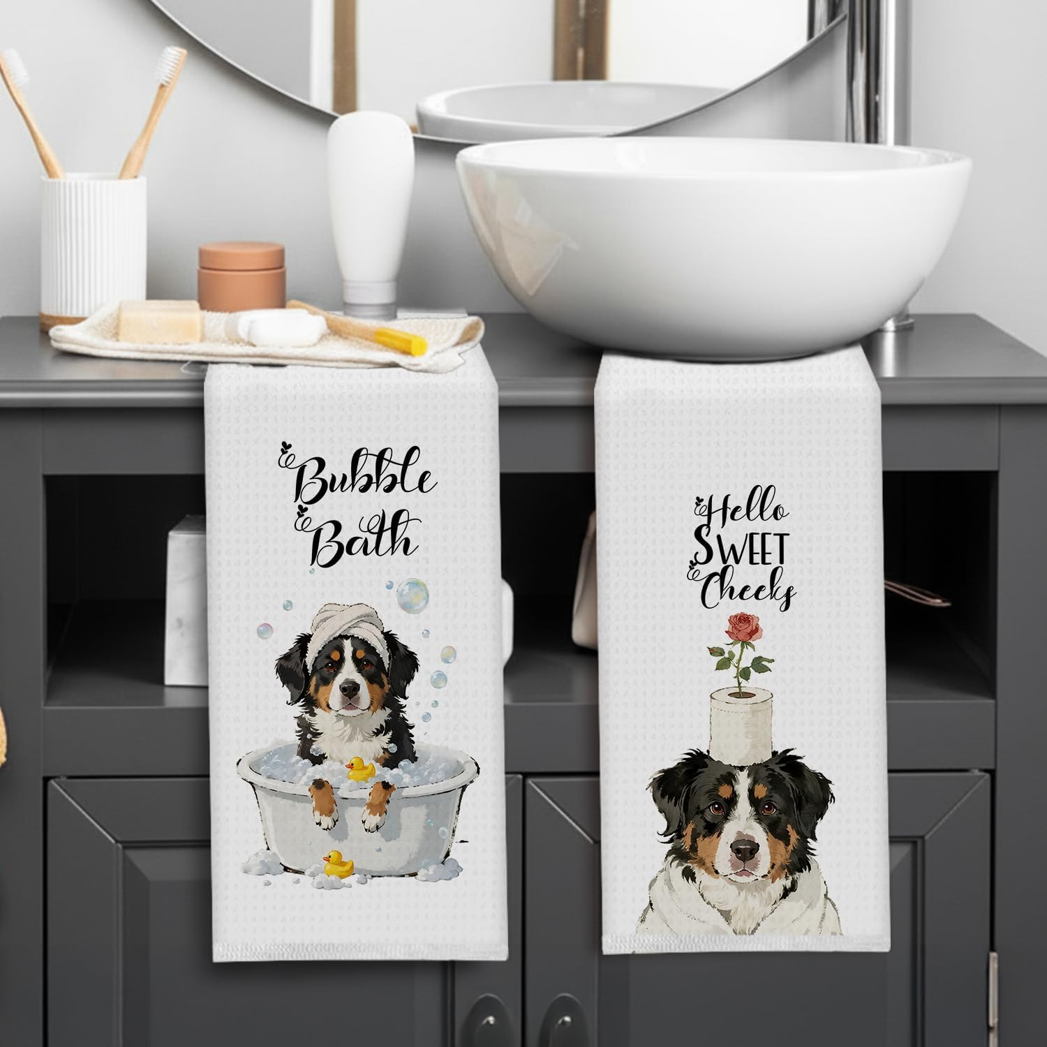 ファニーバーニーズマウンテンハンドタオル、ファニードッグバスルームキッチンタオル、バーニーズマウンテンドッグギフト 女性用洗面所装飾