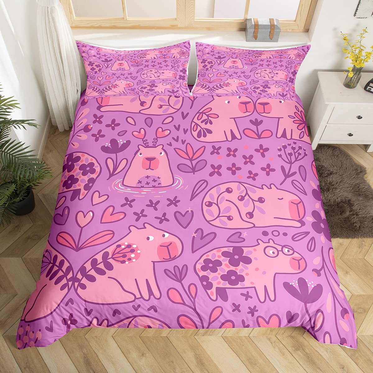 Homemissing Capybara Bettwäsche Set 135x200cm - Japanische Kirschblüten Mit Tieren - Kawaii Design