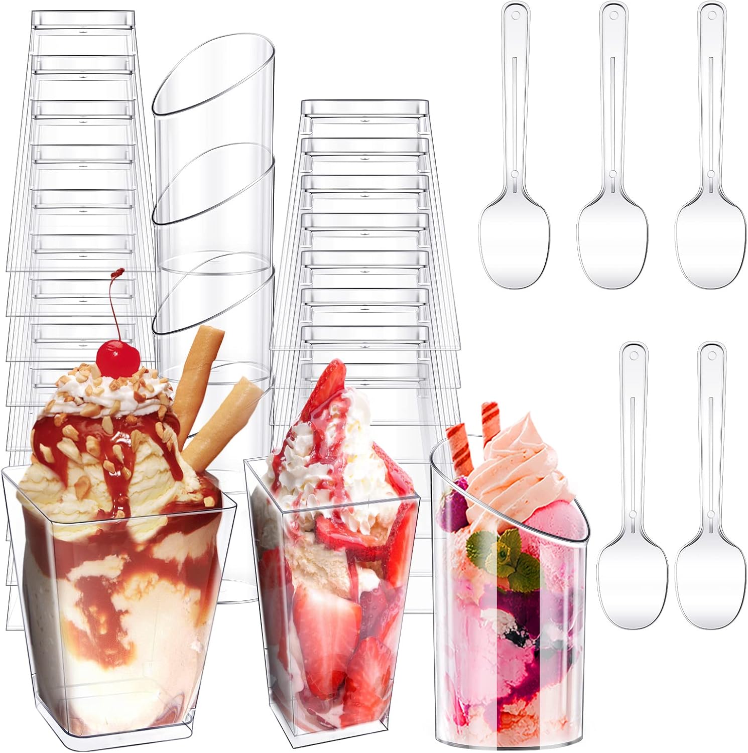 Funtery 300 Pack 3oz 5oz Mini Dessert Cups with Spoons Bulk Clear Plastic Slanted Round Parfait Appetizer Cup for Desserts Shooters(3 Styles)
