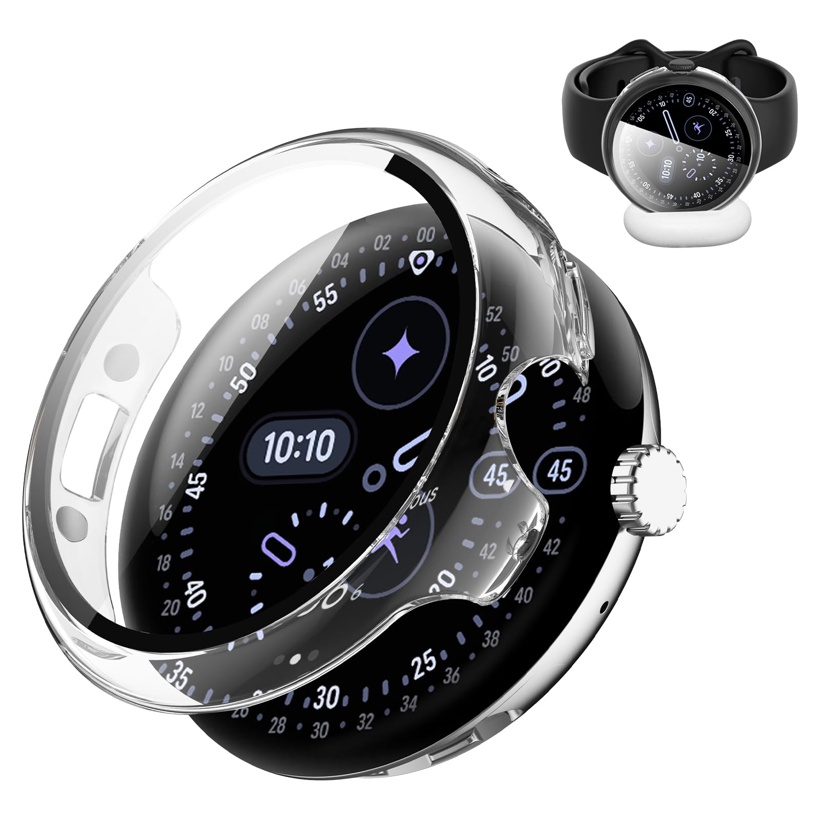 Etui kompatybilne z Google Pixel Watch 4 45 mm, twarde etui z poliwęglanu z osłoną ekranu ze szkła hartowanego, ochrona przed zarysowaniami i amortyzacją wstrząsów do Pixel Watch 4 45 mm