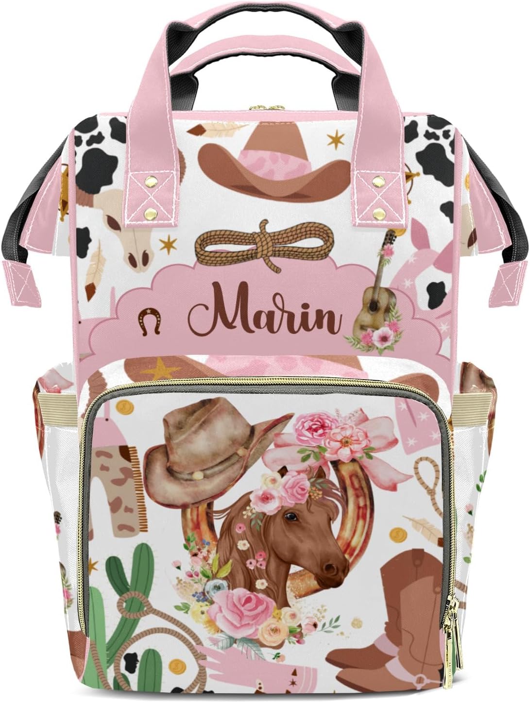 Horse Floral Personalized Western Large Capacity Diaper Bags,Custom Name Backpack Casual Daypack Bag Nappy Bag Backpack Gifts for Girls Boys