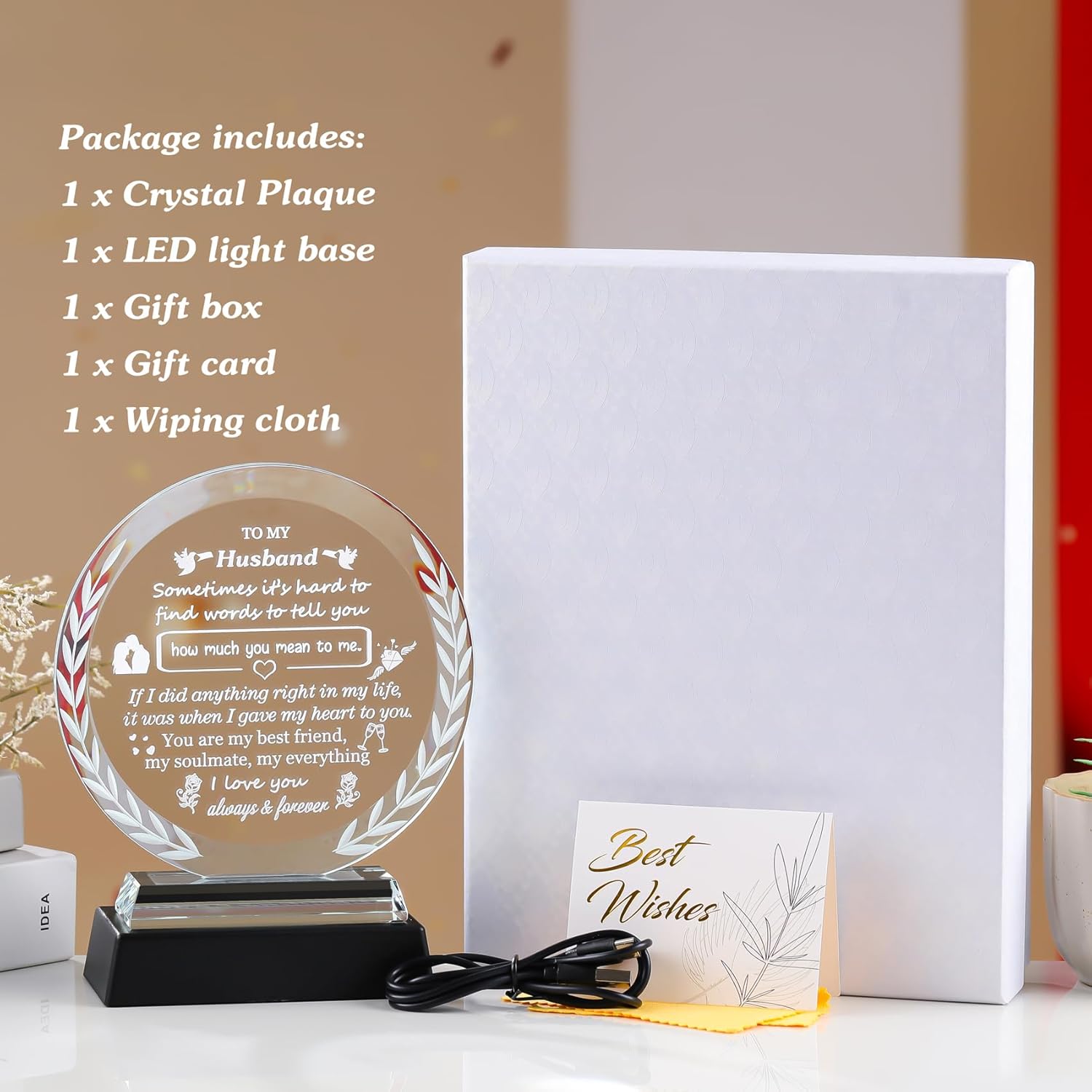 Romantic Gifts for Husband from Wife Crystal Plaque to My Husband with LED Light Base Best Husband Ever Gifts for Birthday Valentine's Day Christmas Anniversary