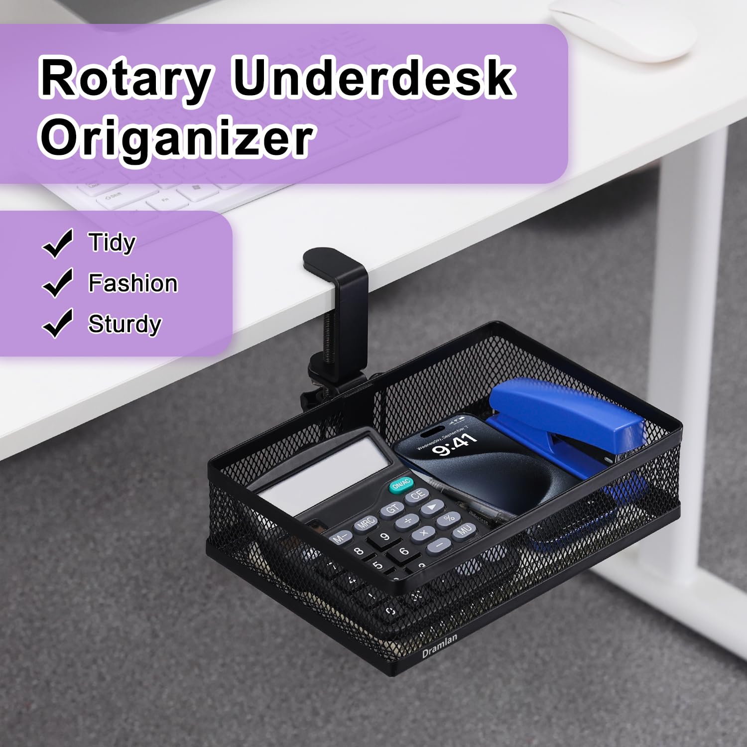 DramLan Desk Organiser with Cup Holder, 360°Rotating Hidden Under Desk Drawer,Clamp-on Style Desk Tidy Organiser - Image 2