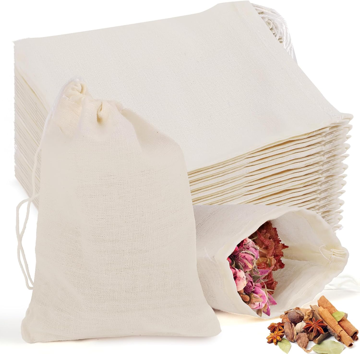 30 Pcs Natural Cotton Spice Bags for Cooking, 4x3 Inch Unbleached Reusable Tea Bags, Muslin Drawstring Cheese Cloth for Straining Soup, Herb Sachet Bag (30, 4x3 Inch)