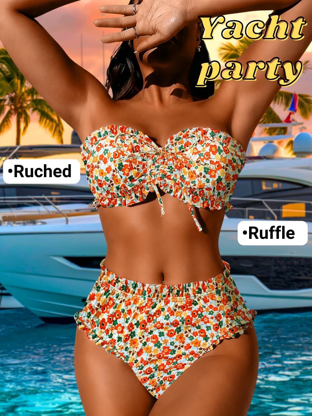 Boho Bandeau Bikini Sets,Floral Ruffle High Waisted Bikinis for Women,2 Piece Swimsuits Beach Pool Party - Image 2