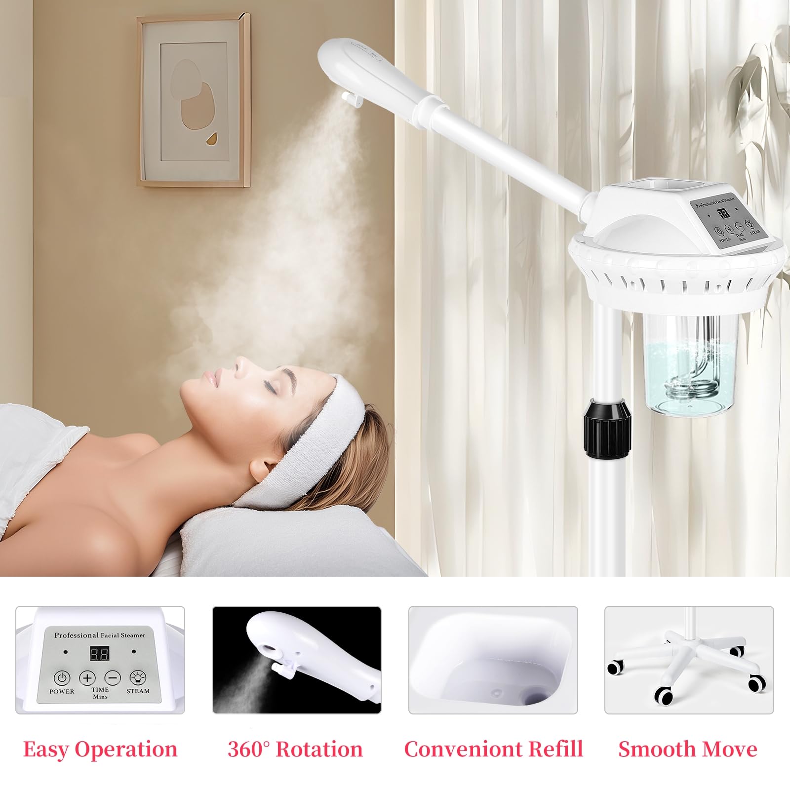 Vaporizador facial profesional, vaporizadores esteticistas sobre ruedas, vaporizadores faciales de pie para limpieza profunda facial, vaporizador para cuidado personal o spa, hidratante e hidratante