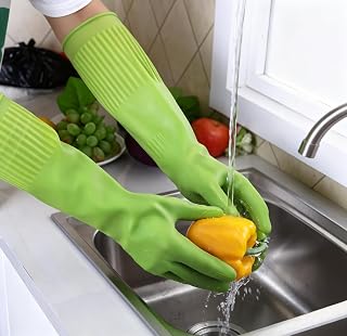 Long Cuff Rubber Cleaning Gloves for Household and Kitchen, Dishwashing Gloves with Textured Grip, Medium Size Protection for Forearms, Reusable for Deep Cleaning, Mopping, and Car Detailing, Green