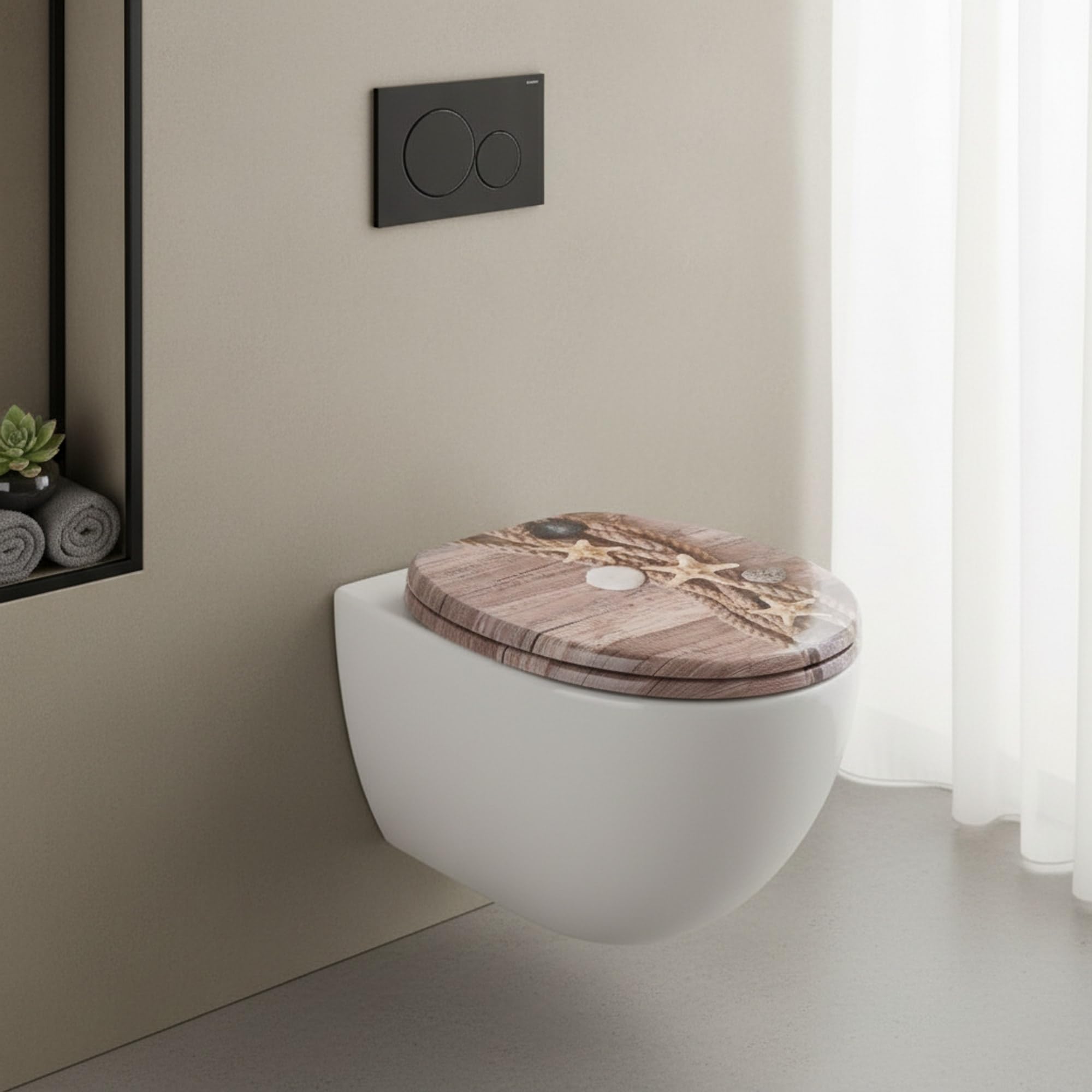 SINOBATH Asiento de inodoro negro mate con descenso automático, tapa de inodoro en forma de O de MDF estable, tapa de inodoro con bisagras de acero inoxidable, cierre suave y silencioso