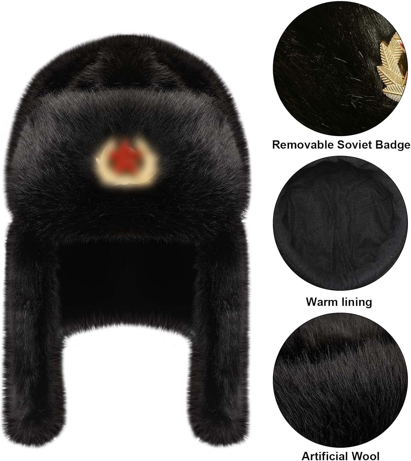 SATINIOR 2 Pieces Army Winter Hats Faux Fur Cap Cossack Trapper Black Beanie Flaps Hat with Badge for Men
