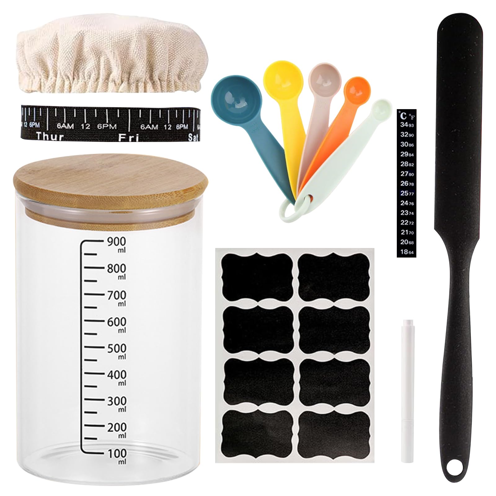 Juego de 9 Tarros de Masa Madre 900 ml con Tapa de Madera, Raspador y Gorro de Tela