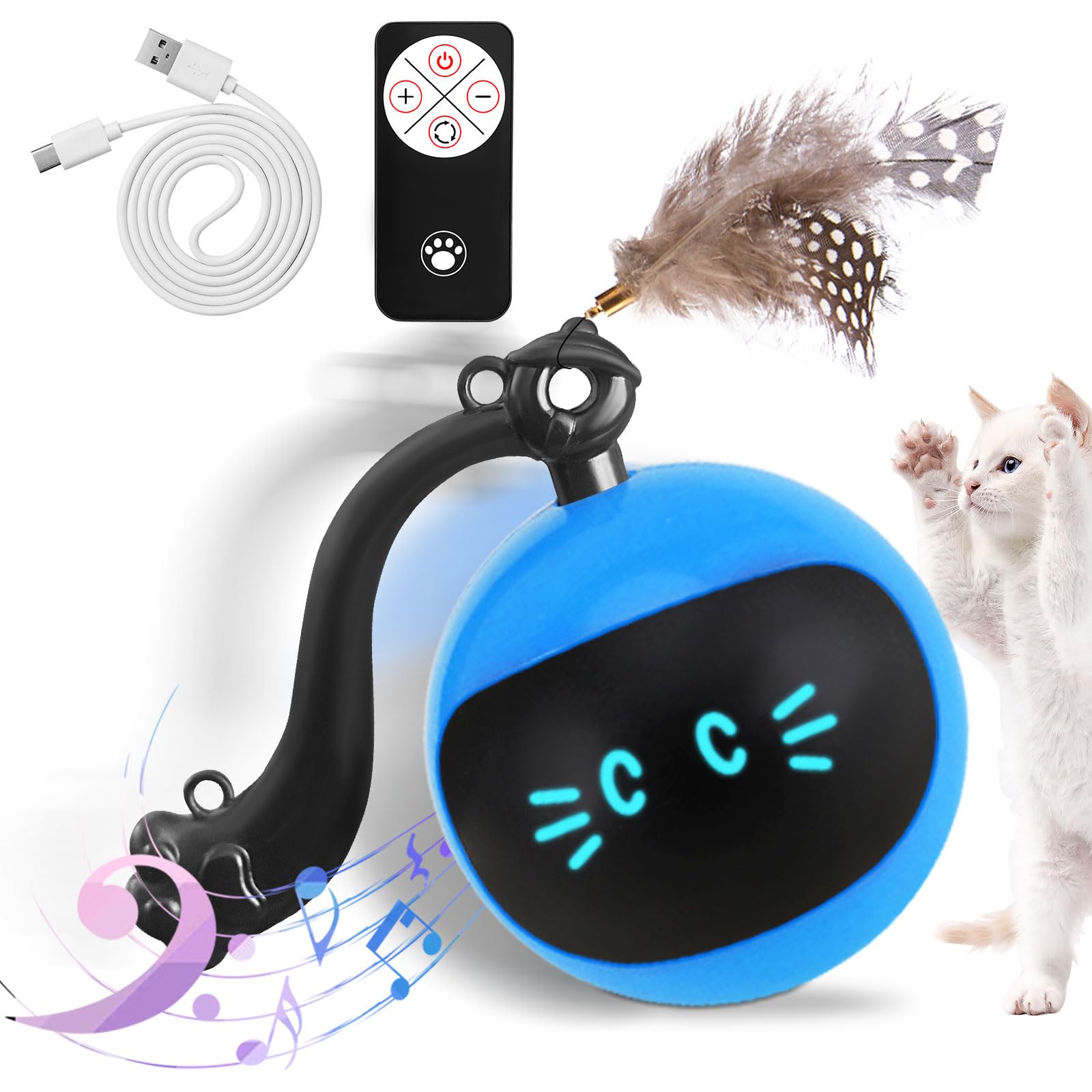 猫 動く ボール 青色 おもちゃ 光るボール 自動弾む＋揺れ＋転がる 2モード付 | 猫おもちゃ 電動 自動走行ボール 光るボール 360度自動回転
