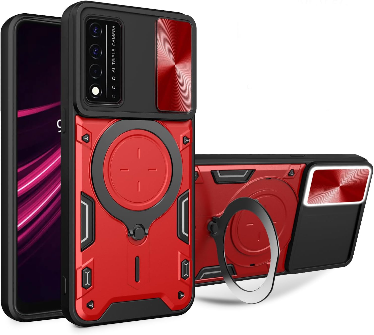 Compatible with T-Mobile REVVL V Plus Cover,Compatible with T-Mobile REVVL V+ 5G Car Mount Magnetic Stand Slide Lens 2 in 1 Case Red