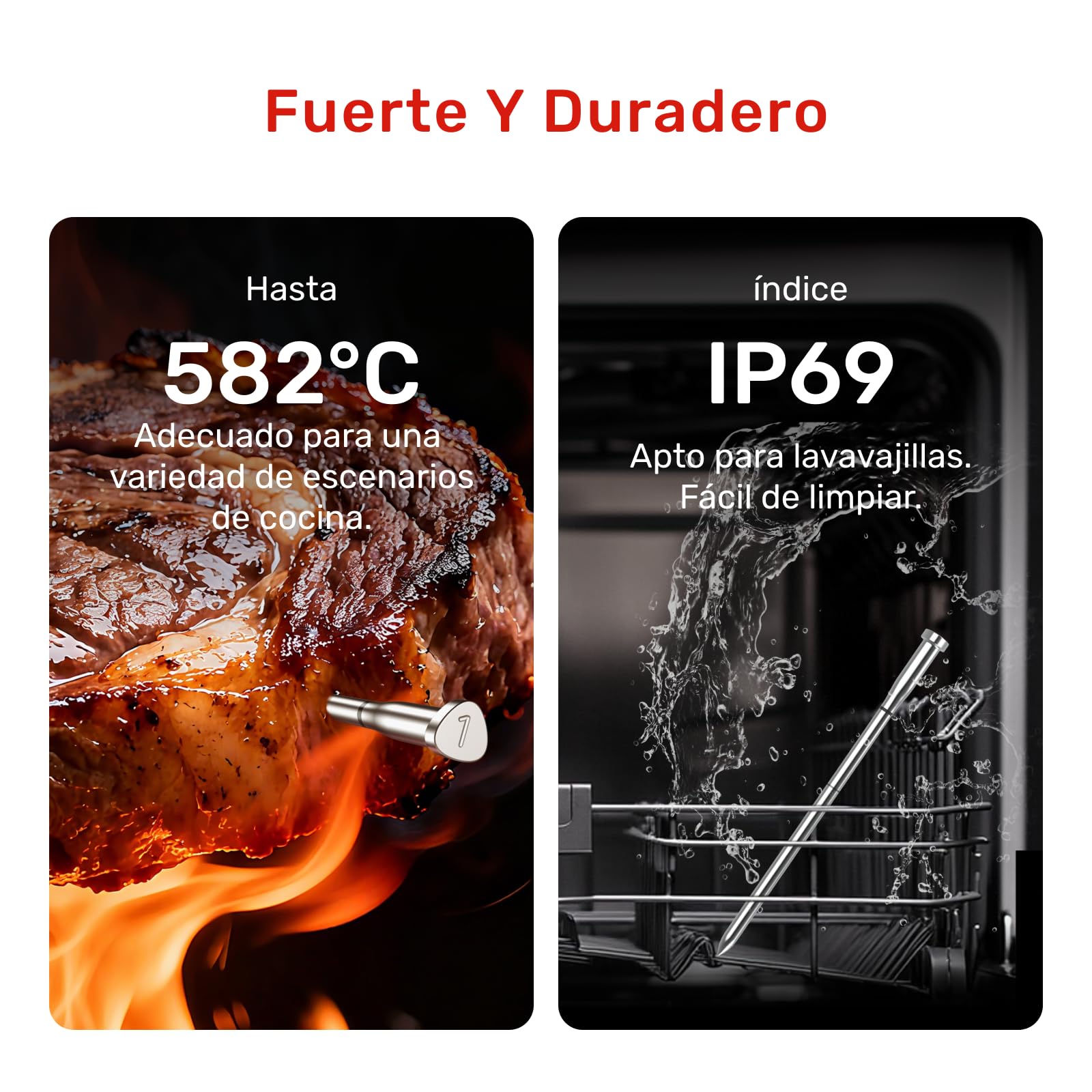 X Pro Termómetro para Carne con Bluetooth y WiFi, 2 Sondas 6 Sensores, Pantalla LED, IP69 Impermeable​, resistente al calor hasta 582°C, Termometro Carne para BBQ, Grill, Cocina, Asador