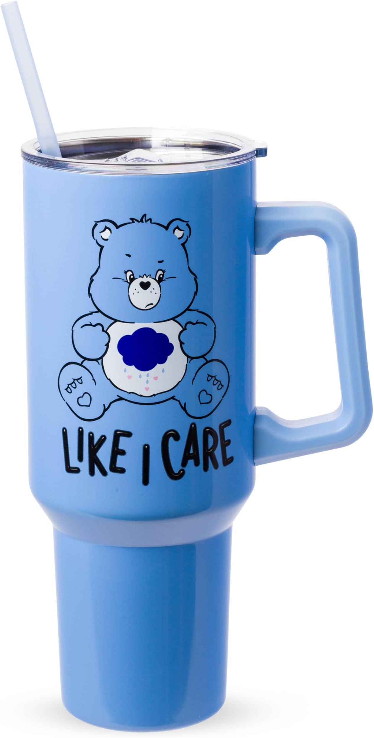 Care Bears Grumpy Bear Like I Care Double Walled Stainless Steel Tumbler with Handle and Straw, Fits in Standard Cup Holder, 40 Ounces