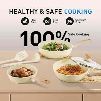 Kitchen Academy Pot and Pan Set 12-Piece Non-Stick Coating Cookware Set with Lid, Pots and Pans Set for Induction, Gas Hobs and Microwave, Beige