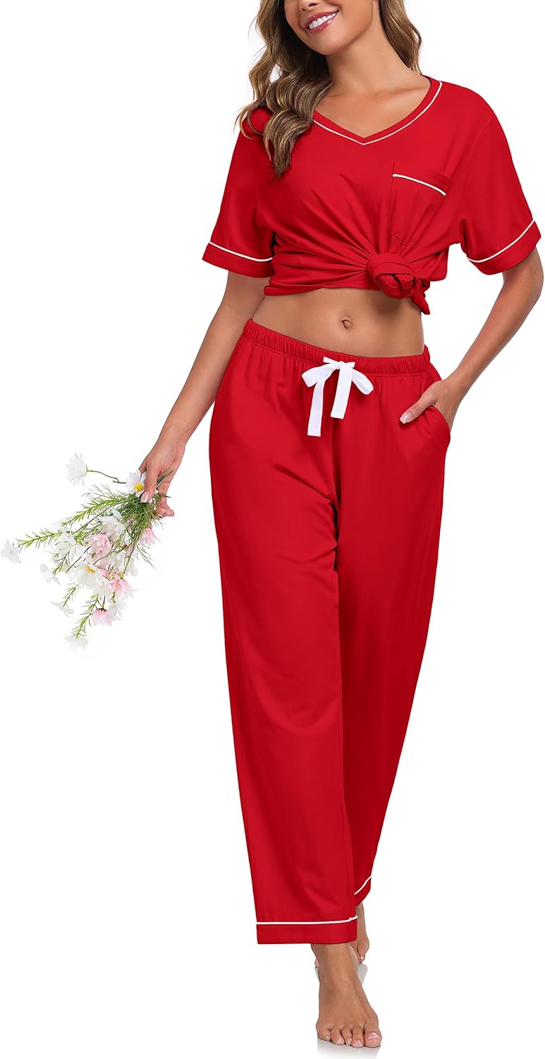 ANLIQI 100% Cotton Pajamas for Women Short Sleeve Sleepwear & Long Pants 2 Piece Pjs Loungewear Pj Set with Pockets S-XXL