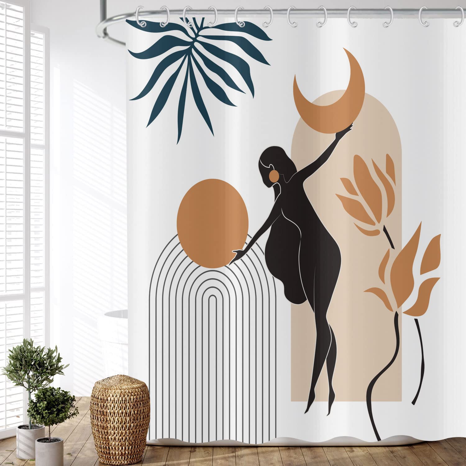 ASDCXZ Boho Style Shower Curtain 240x180 cm, Modern Abstract Art Girls Day Month White Bath Washable Shower Curtains Polyester Textile Waterproof Shower Curtain for Bathtub with 12 Hooks — image 1