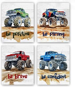 ZOQIPQO Set of 4 Monster Truck Unframed Canvas Wall Art Prints,Watercolor Motivational Quotes Decor for Boys Room Nursery 8x10 Unframed