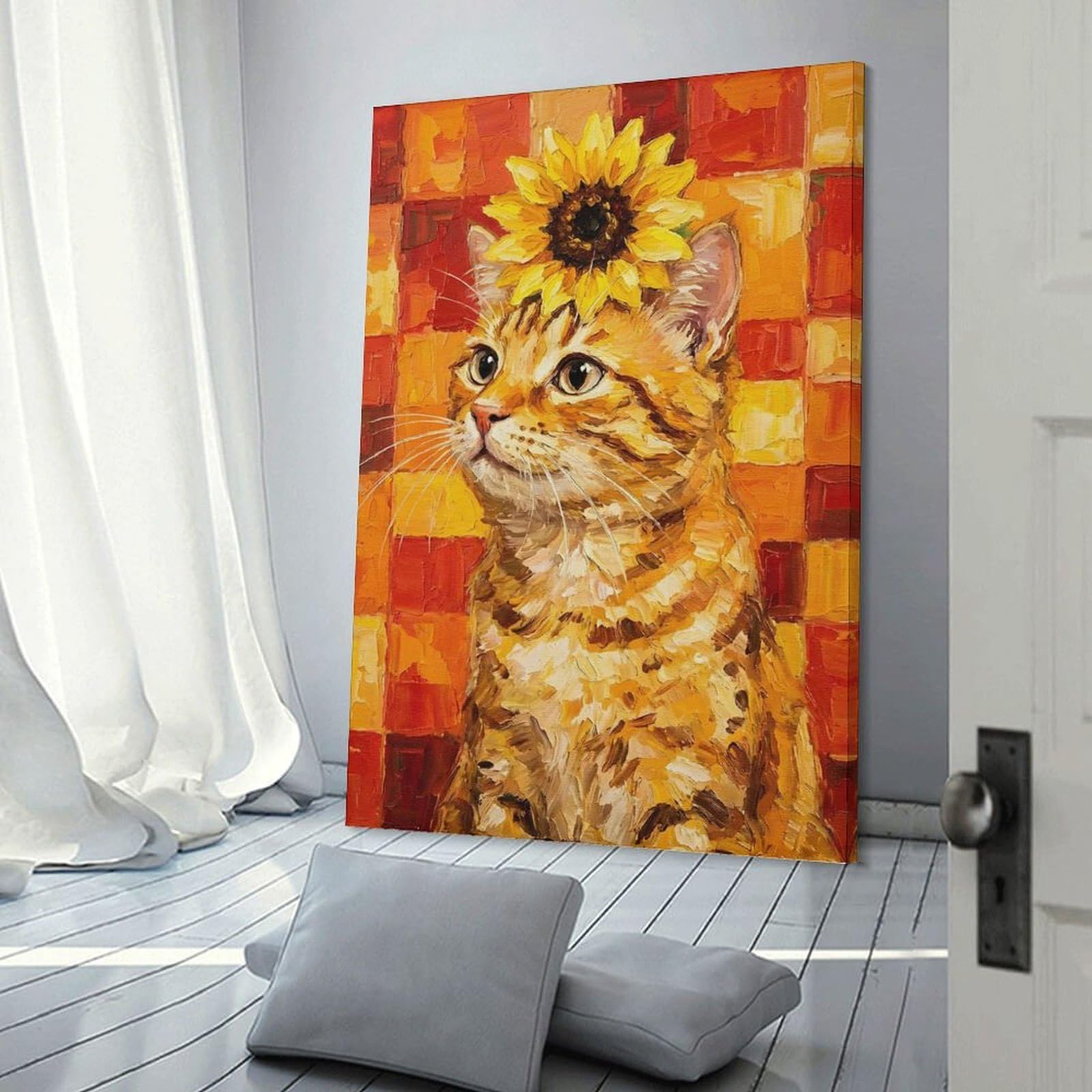 Junmoney Cat with Sunflower Hat Canvas Wall Picture, 08x12inch(20x30cm), for Wall Displays, Bedrooms Or Room Updates, Wall Decor Suited to Curated Displays