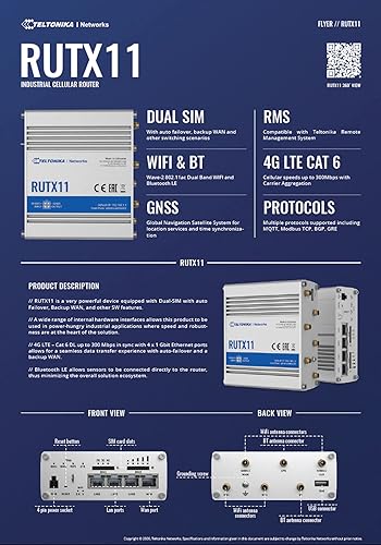 Miniatura 6 de Teltonika RUTX11 Dual-SIM, 4 puertos Gigabit Ethernet, WiFi CA de doble banda, Bluetooth LE y enrutador USB LTE - RUTX11110400