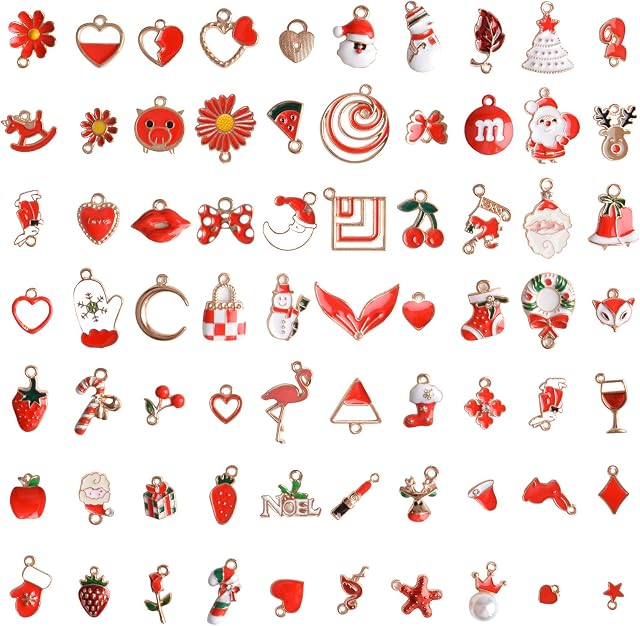 73Pcs Christmas Enamel Charms for Jewelry Making, EBANKU Red Color Assorted Gold Charms for Christmas DIY Necklace Bracelet Earrings Making Crafting Decoration