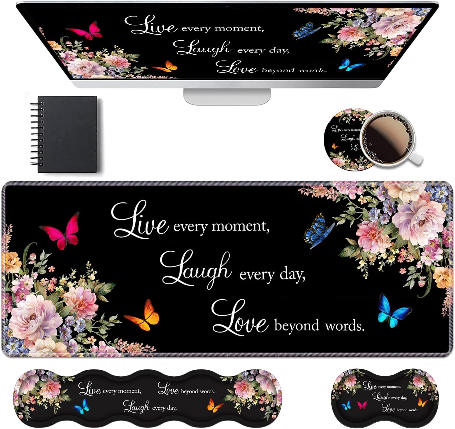 Ergonomic Keyboard Wrist Rest & Mouse Pad Wrist Rest Set, Large XXL Gaming Desk Mat 31.5"x 11.8" with Memory Foam, Easy Typing Pain Relief for Office & Home, Floral Quote Live Laugh Love