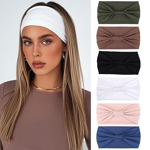 Miniatura 30 de XTREND 4 paquetes de diademas anchas de moda estilo bohemio elásticas anudadas antideslizantes negras para mujer para deportes al aire libre yoga