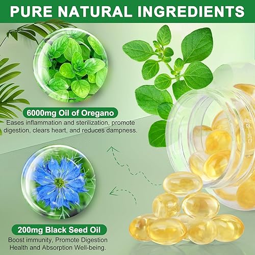 Miniatura 3 de Cápsulas de aceite de orégano orgánico, 6000 mg de aceite de orégano con suplemento de aceite de semilla negra, extracto de aceite de orégano