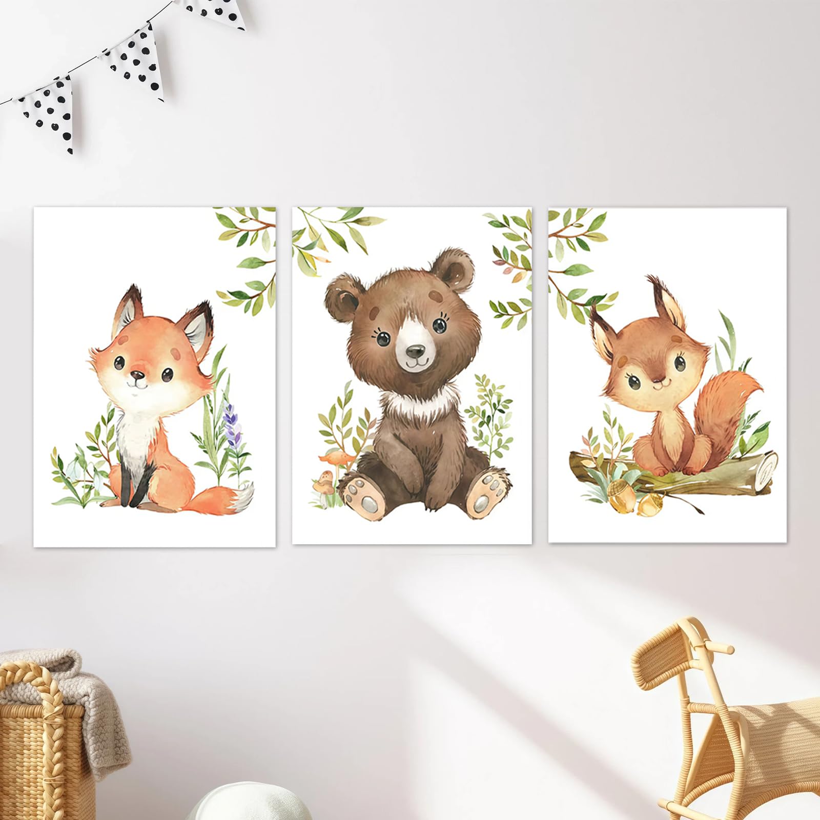 Zamety Set of 3 Pictures for Children's Room, Forest Animals Nursery Decoration Pictures, Poster for Children's Room, A4 Poster for Baby Room, Frameless Wall Pictures Boy Girl, Forest Animals Squirrel